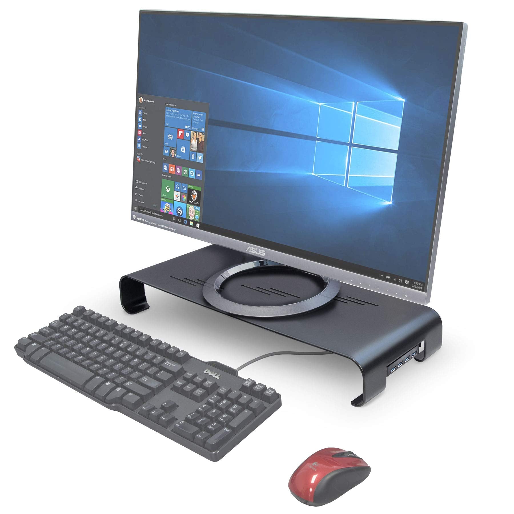 USB 3.0 Aluminum Monitor Stand Metal Riser Support Transfer Data. Keyboard and Mouse Storage Desk Organizer. 4-Port USB 3.0. Suitable for Monitor, Notebook, Printer, and OA Equipment.  20.5x8.3”x2.6”. Ergonomically Designed for Maximum Viewing Comfort.