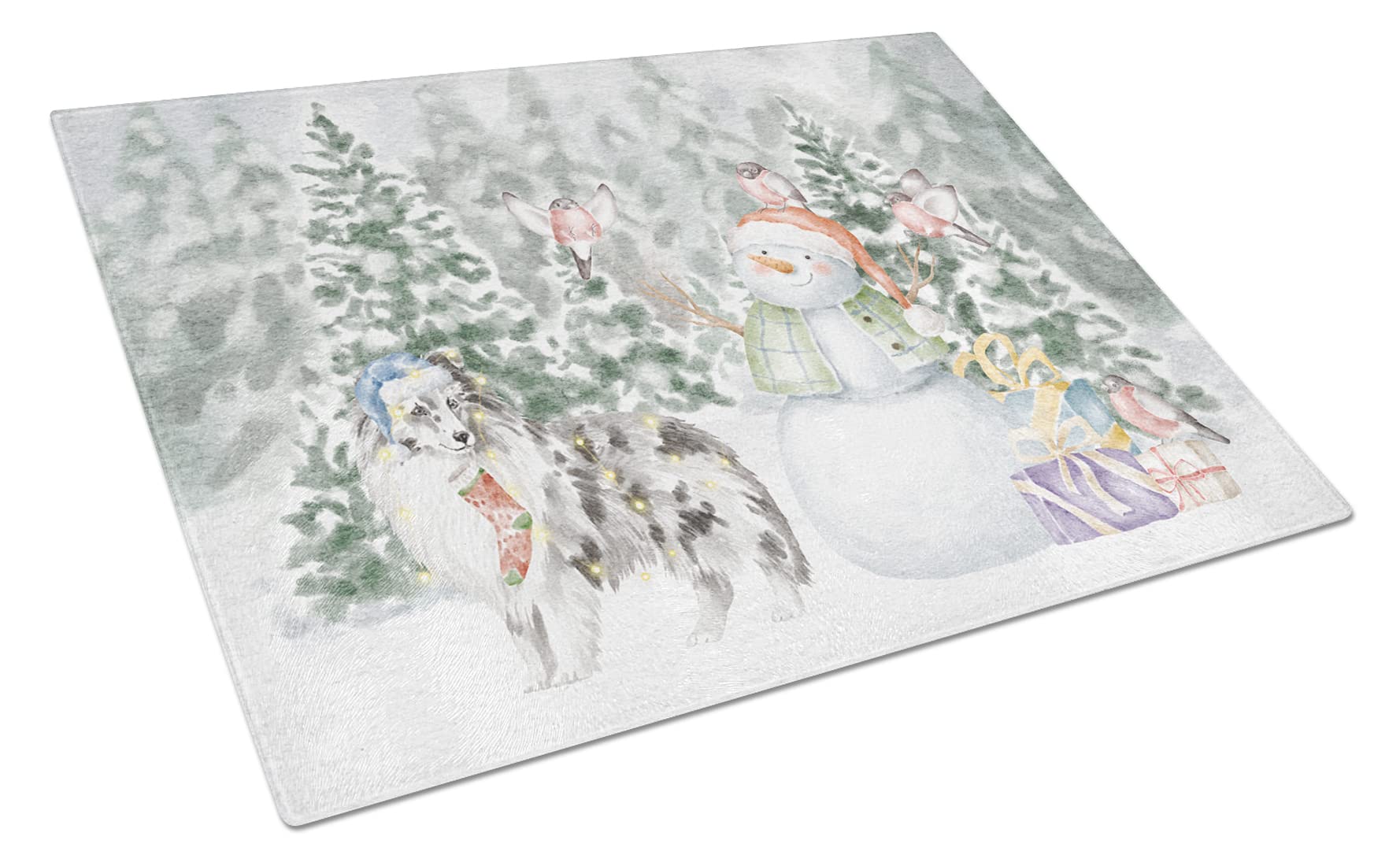 Carolines Treasures CK8093LCB Sheltie/Shetland Sheepdog Blue Merle Standing Snowman and Christmas Presents Glass Cutting Board Large Decorative Tempered Glass Kitchen Cutting and Serving Board Large