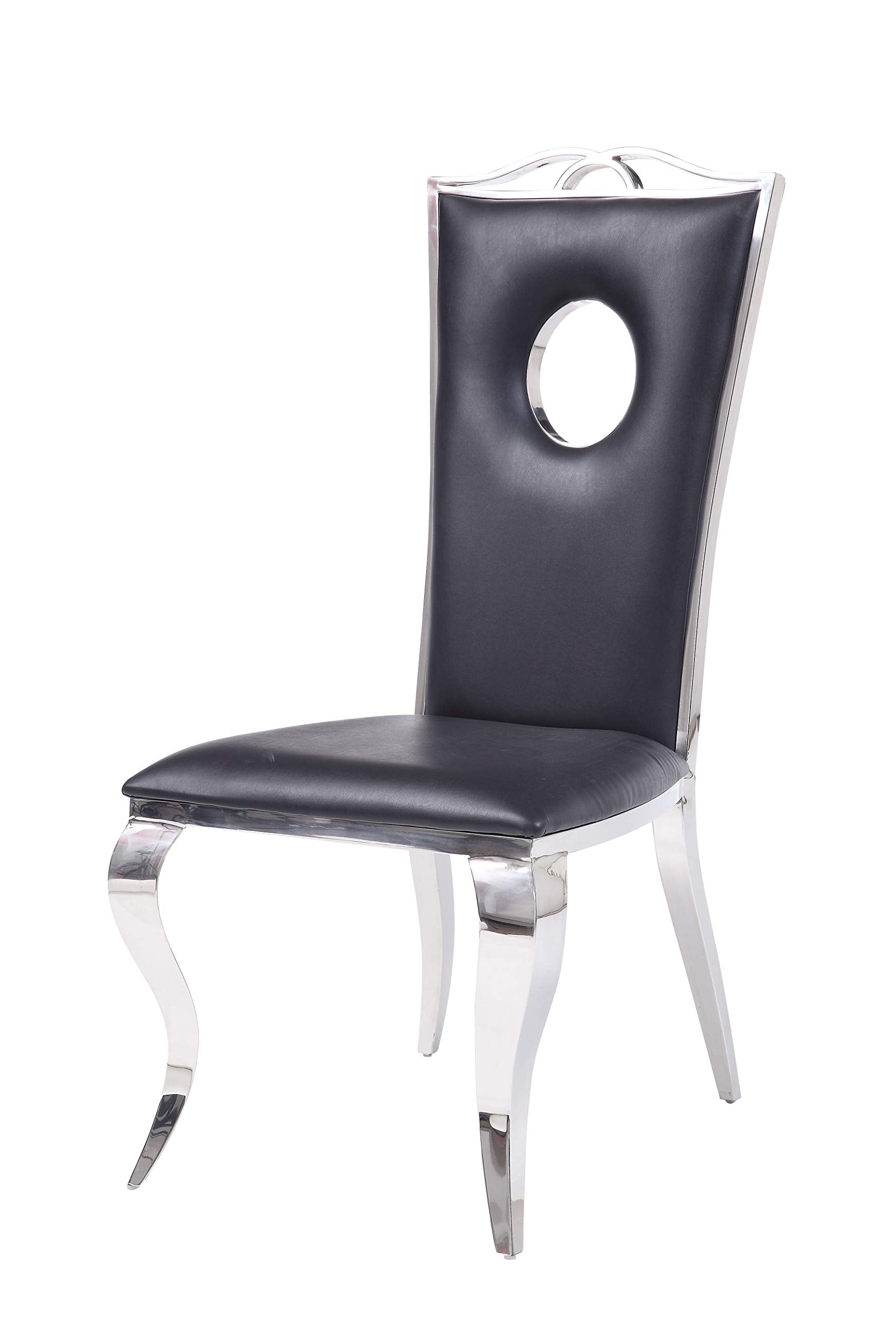 19 Inch Dining Side Chair, Faux Leather, Set of 2, Black, Silver