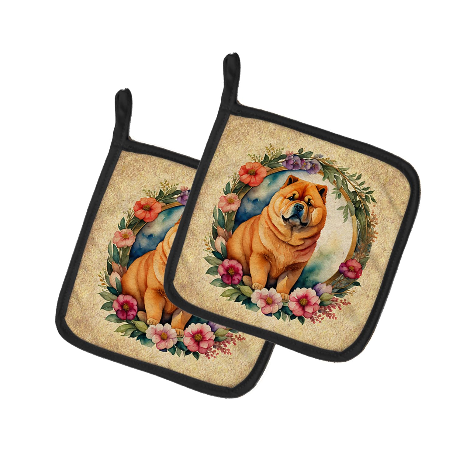 Chow Chow and Flowers Pair of Pot Holders