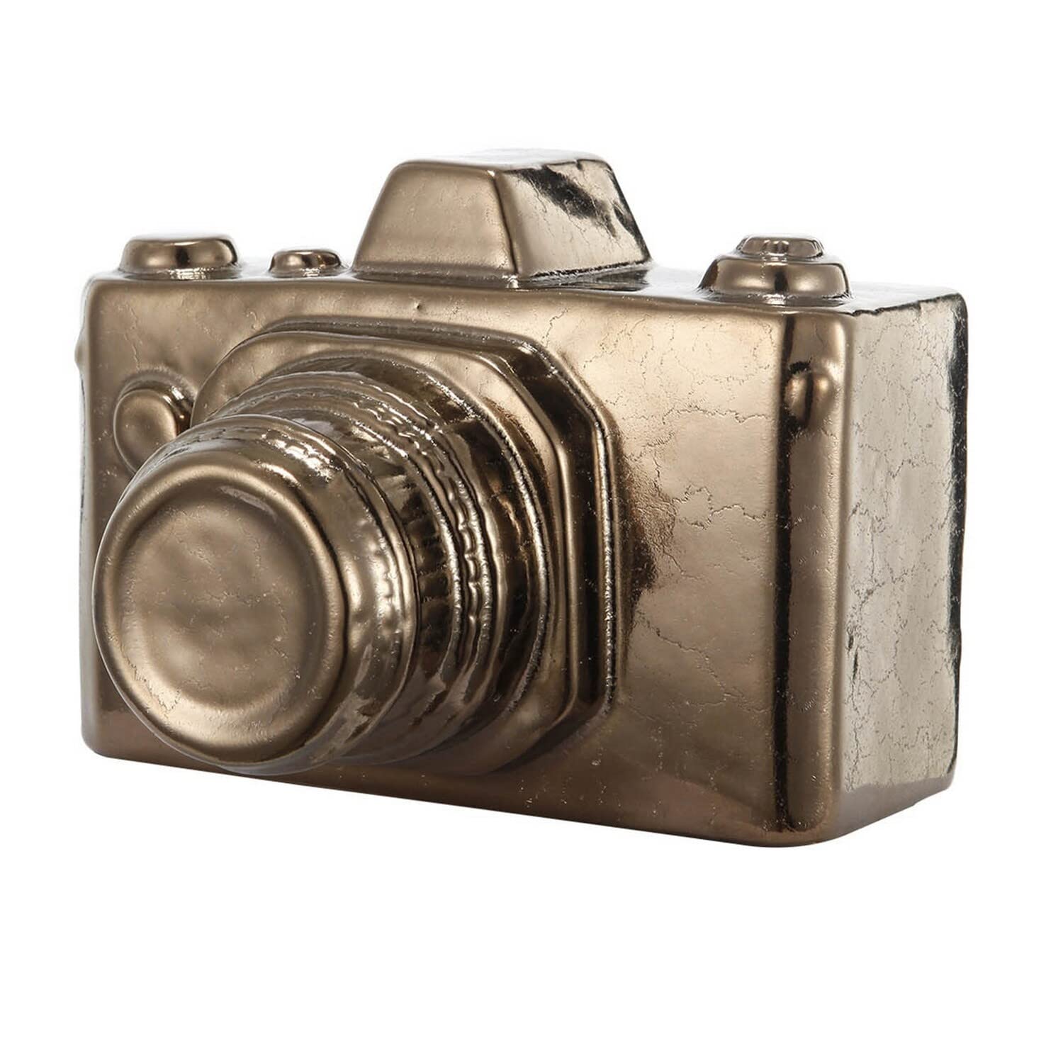 6 Inch Decorative Camera Table Top Accent, Distressed Gold Finish Ceramic