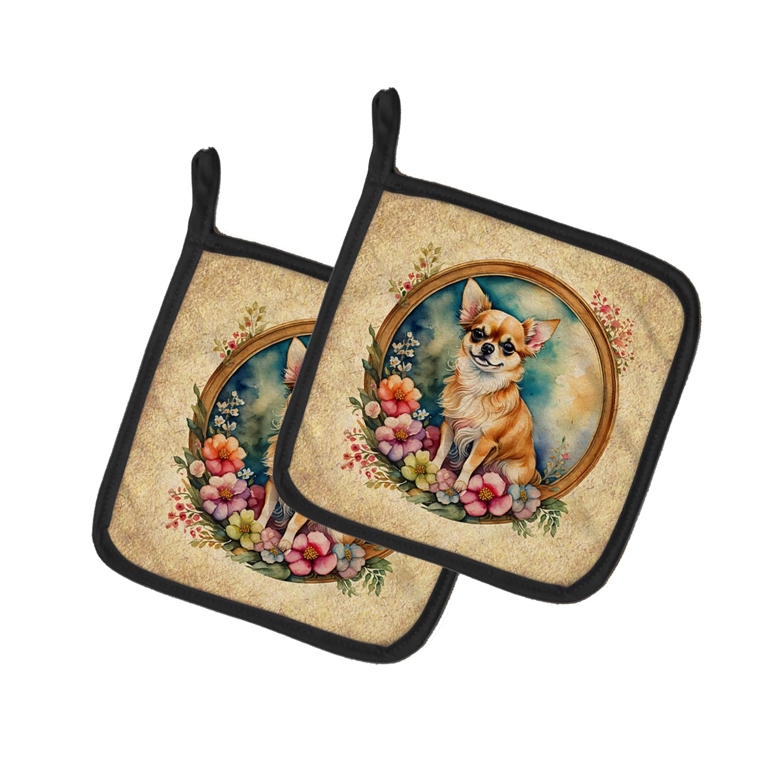 Chihuahua and Flowers Pair of Pot Holders