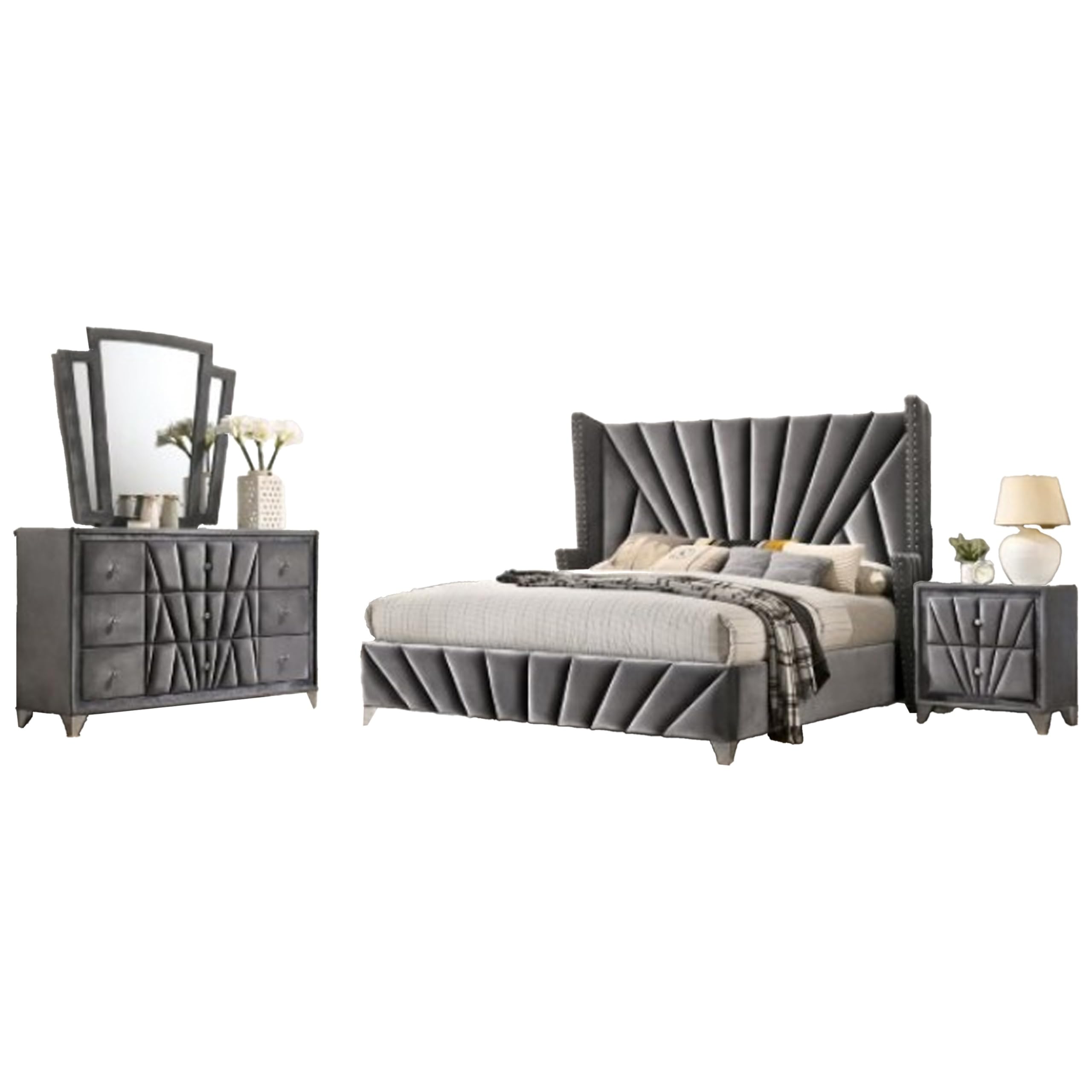 Ino 4pc Queen Bedroom Set with Wingback Headboard, Gray Upholstery