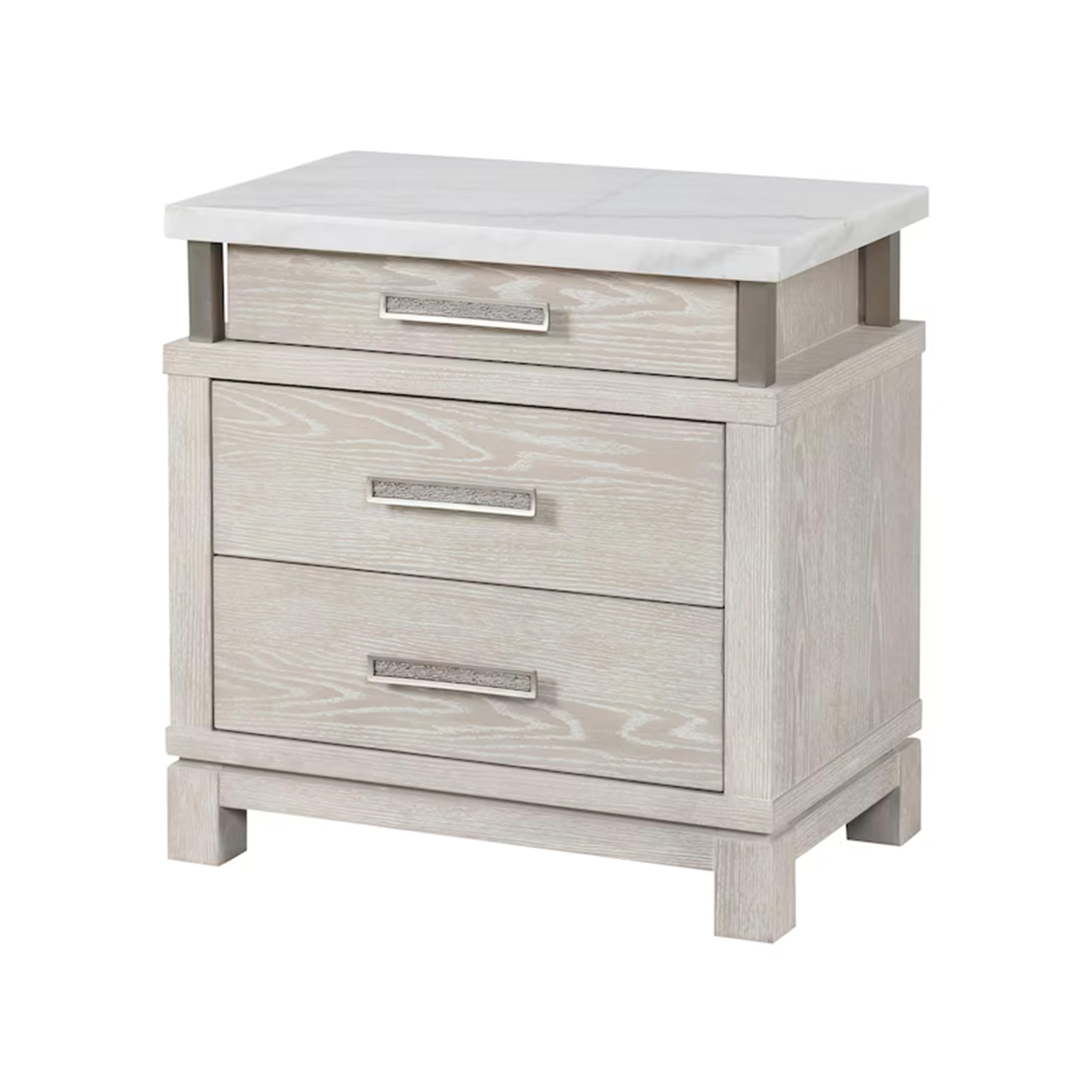 Loji Nightstand, 3 Drawers, White Marble Top, Weathered Gray, 29 Inch