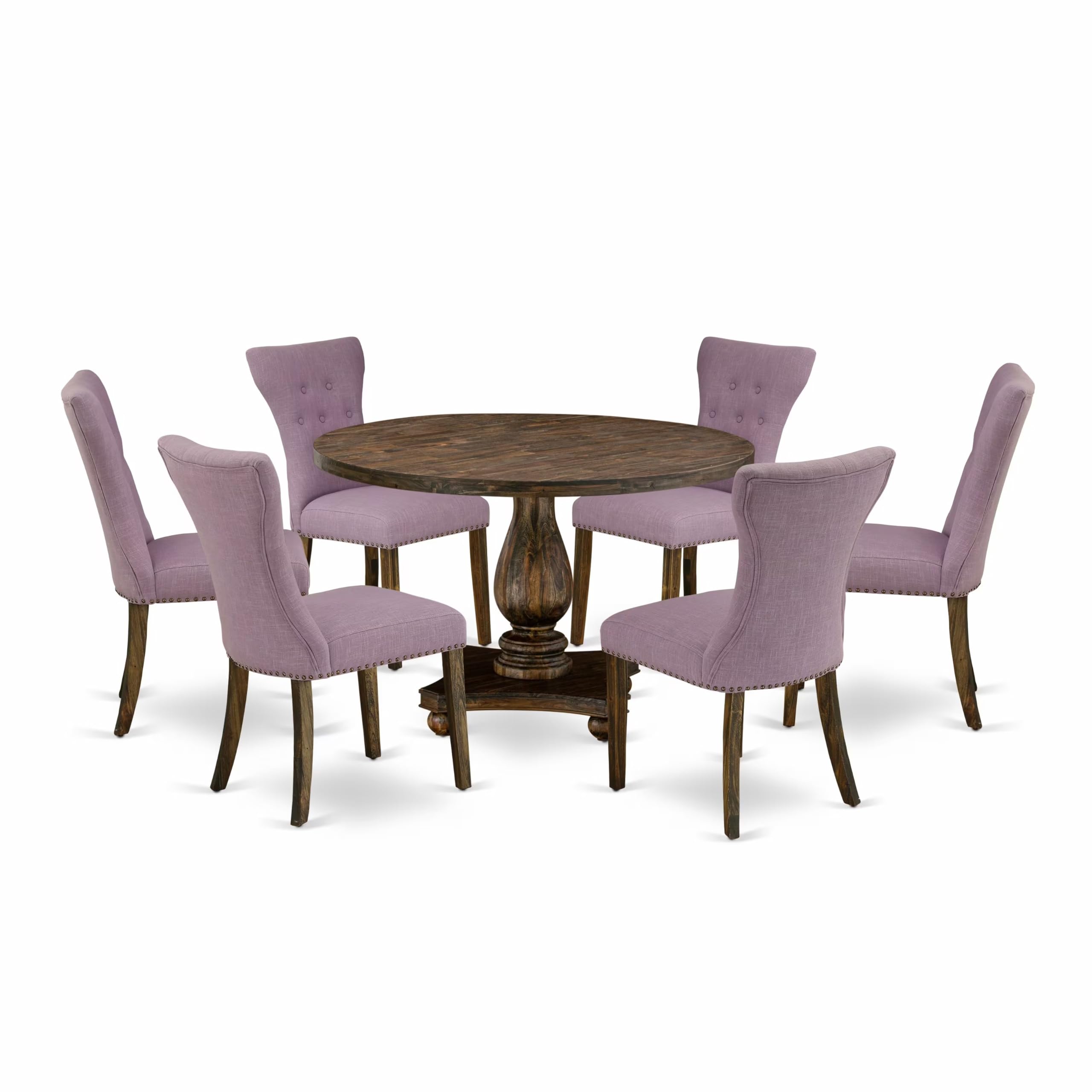East West Furniture 7 Piece Dinner Table Set Consists of a Wood Table and 6 Dahlia Linen Fabric Kitchen Chairs with Button Tufted Back - Distressed Jacobean Finish