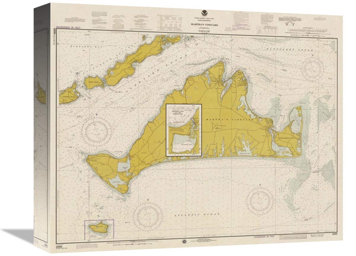 Nautical Chart - Marthas Vineyard ca. 1975 - Sepia Tinted-Canvas Art-16x13.12”