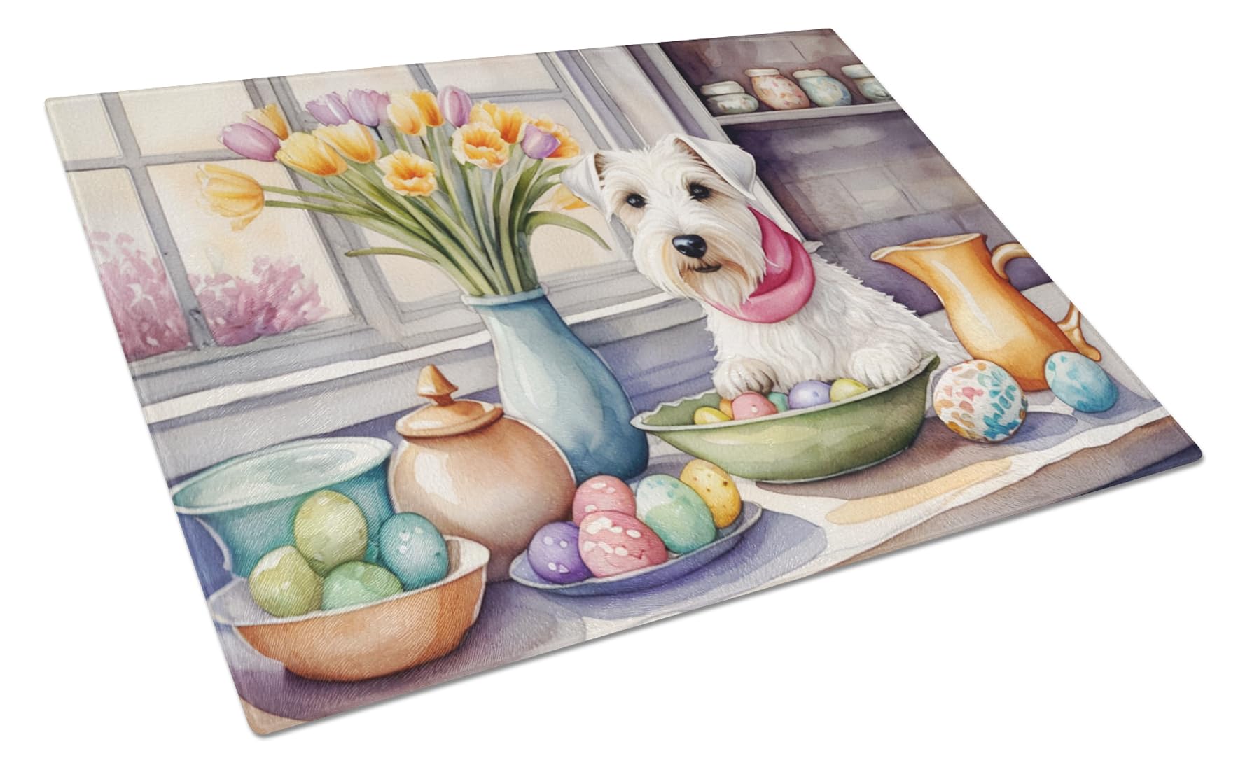 Carolines Treasures DAC6897LCB Decorating Easter Sealyham Terrier Glass Cutting Board Decorative Tempered Glass Kitchen Cutting and Serving Board Large Size Chopping Board