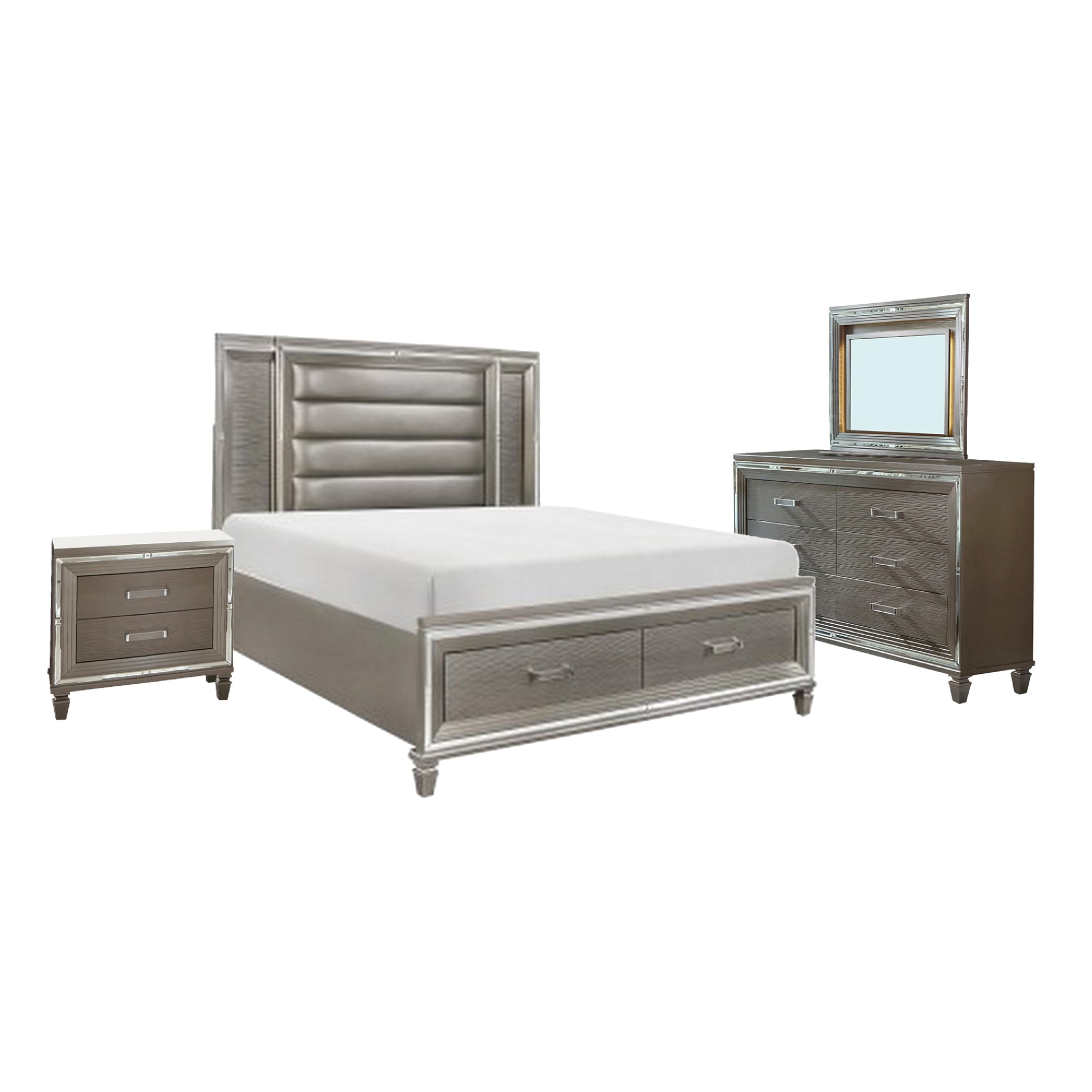 Deci 4 Pc Queen Bedroom, LED Headboard, Mirrored Trim, Champagne Silver