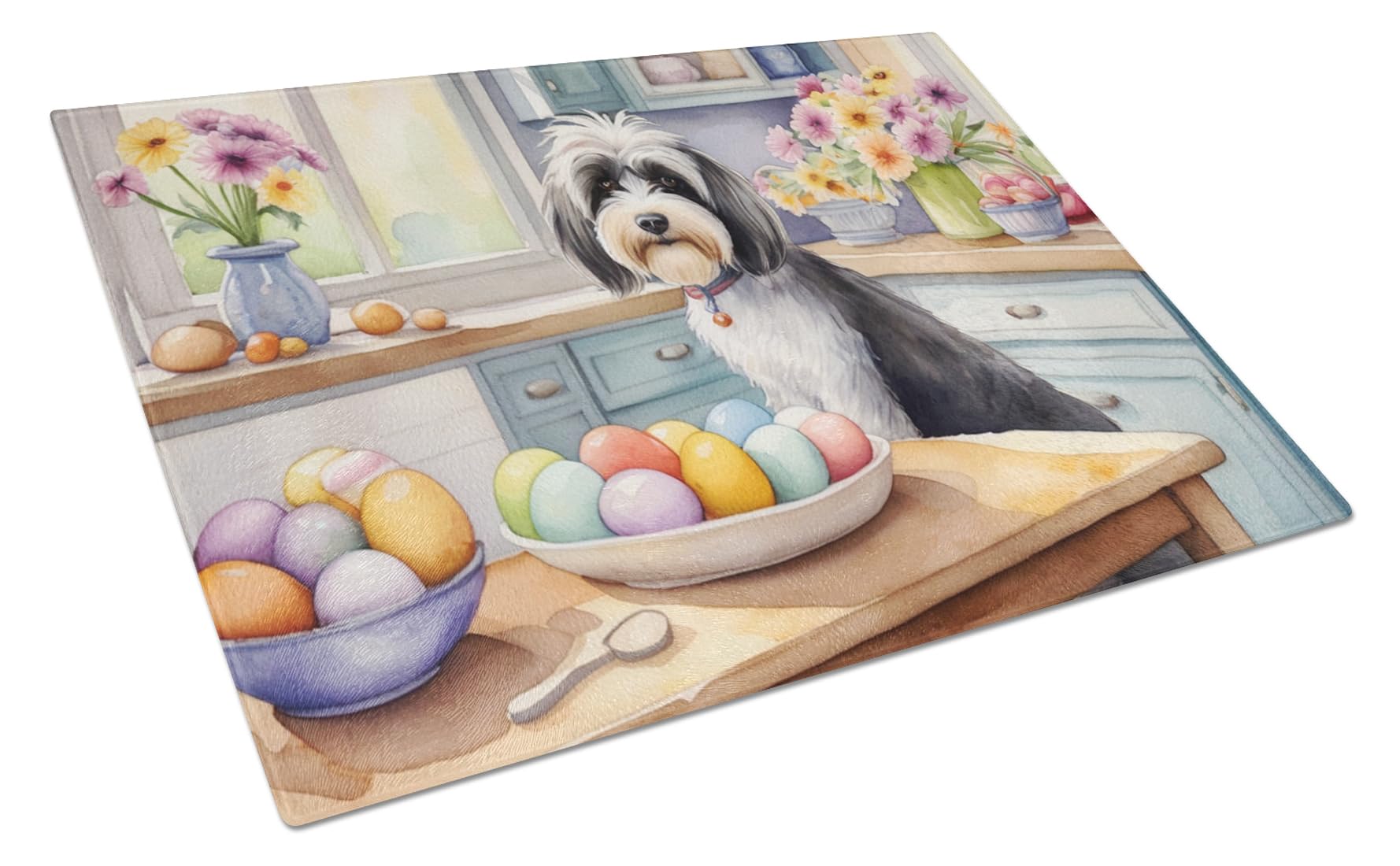 Carolines Treasures DAC6913LCB Decorating Easter Tibetan Terrier Glass Cutting Board Decorative Tempered Glass Kitchen Cutting and Serving Board Large Size Chopping Board