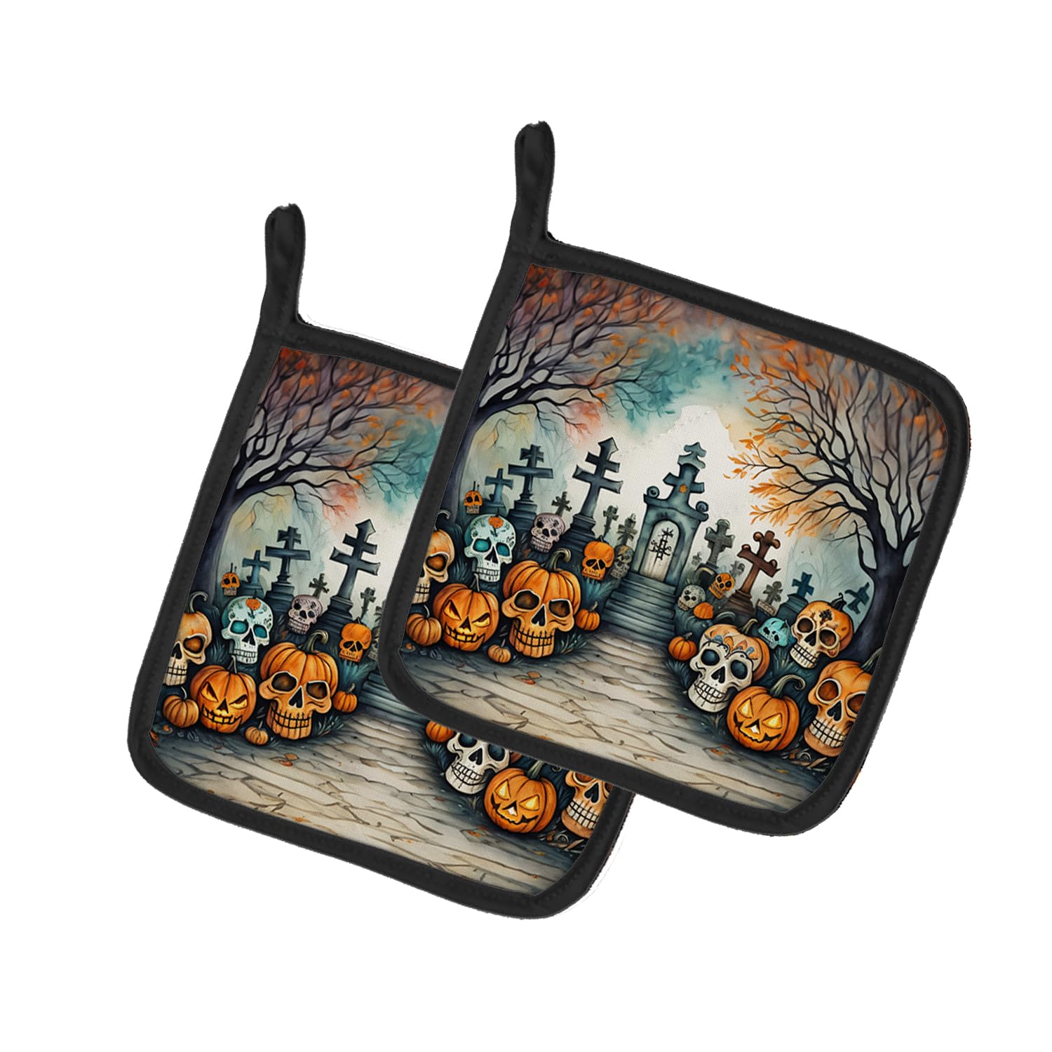 Calaveras Sugar Skulls Spooky Halloween Pair of Pot Holders