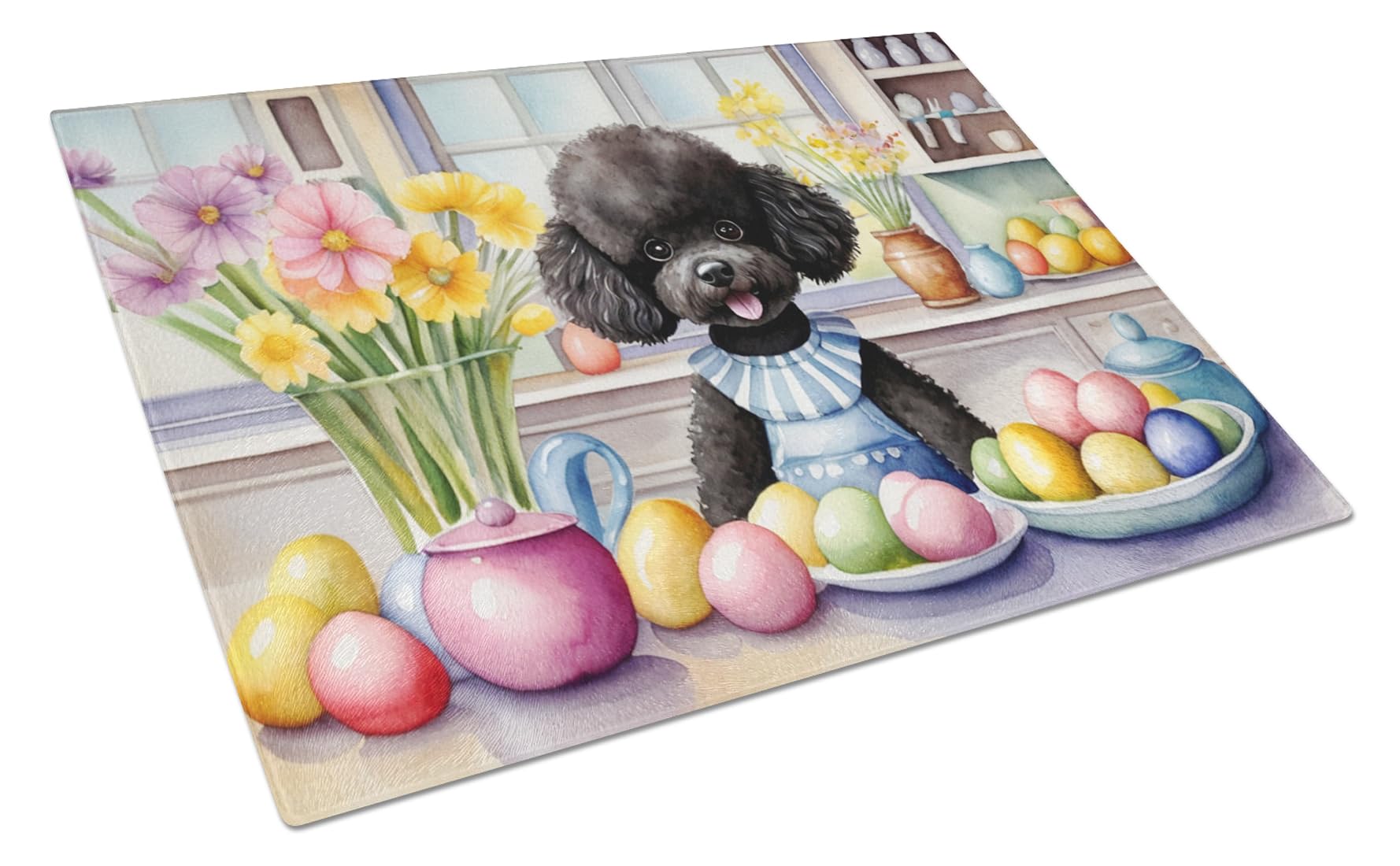 Carolines Treasures DAC6876LCB Decorating Easter Black Poodle Glass Cutting Board Decorative Tempered Glass Kitchen Cutting and Serving Board Large Size Chopping Board