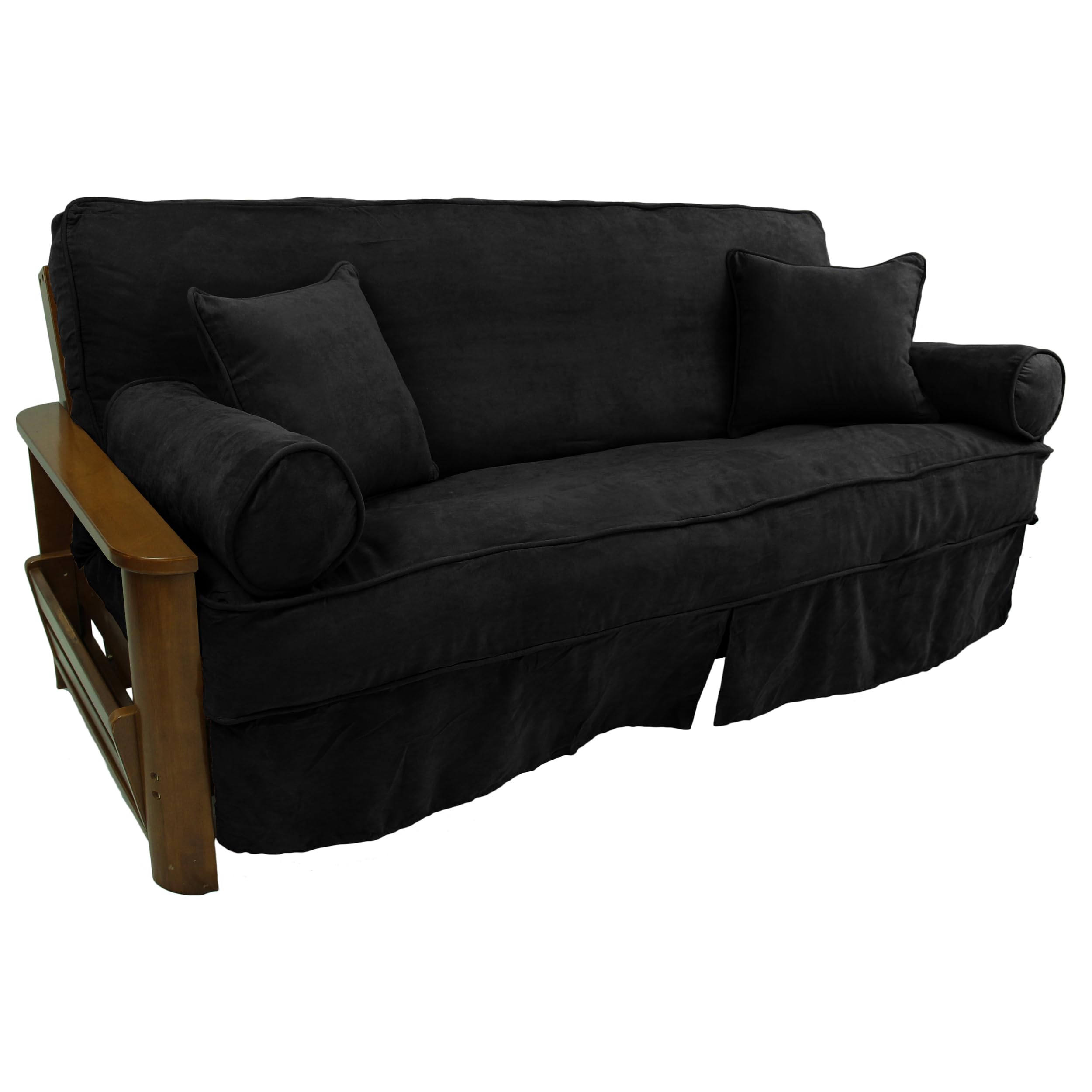 Solid Microsuede Double Corded 8 to 9-inch Full Futon Slipcover Set with Four Throw Pillows (Set of 5) - Black