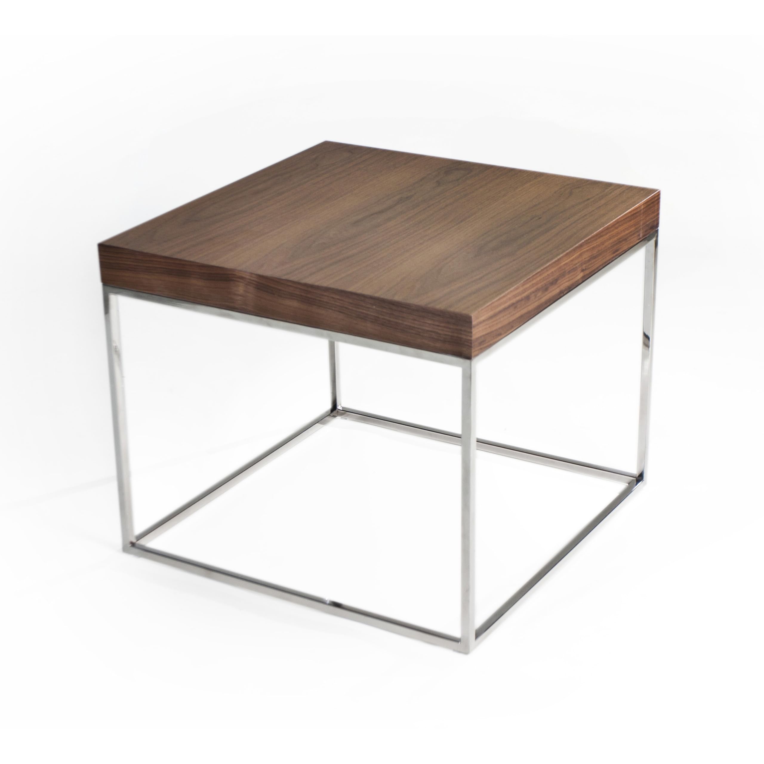 Zen 24 Inch Side End Table, Square, Brown Wood Top, Chrome Steel Frame
