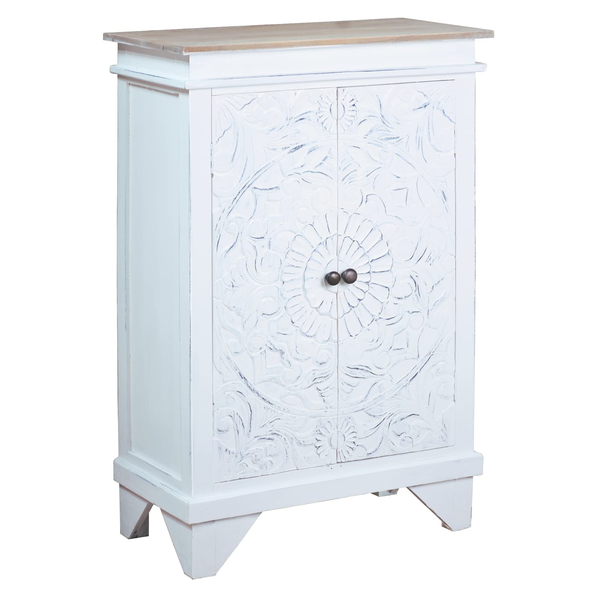 Sunset Trading Cottage Carved Accent Cabinet | Distressed White/Driftwood Brown Solid Wood | Fully Assembled Hall Table