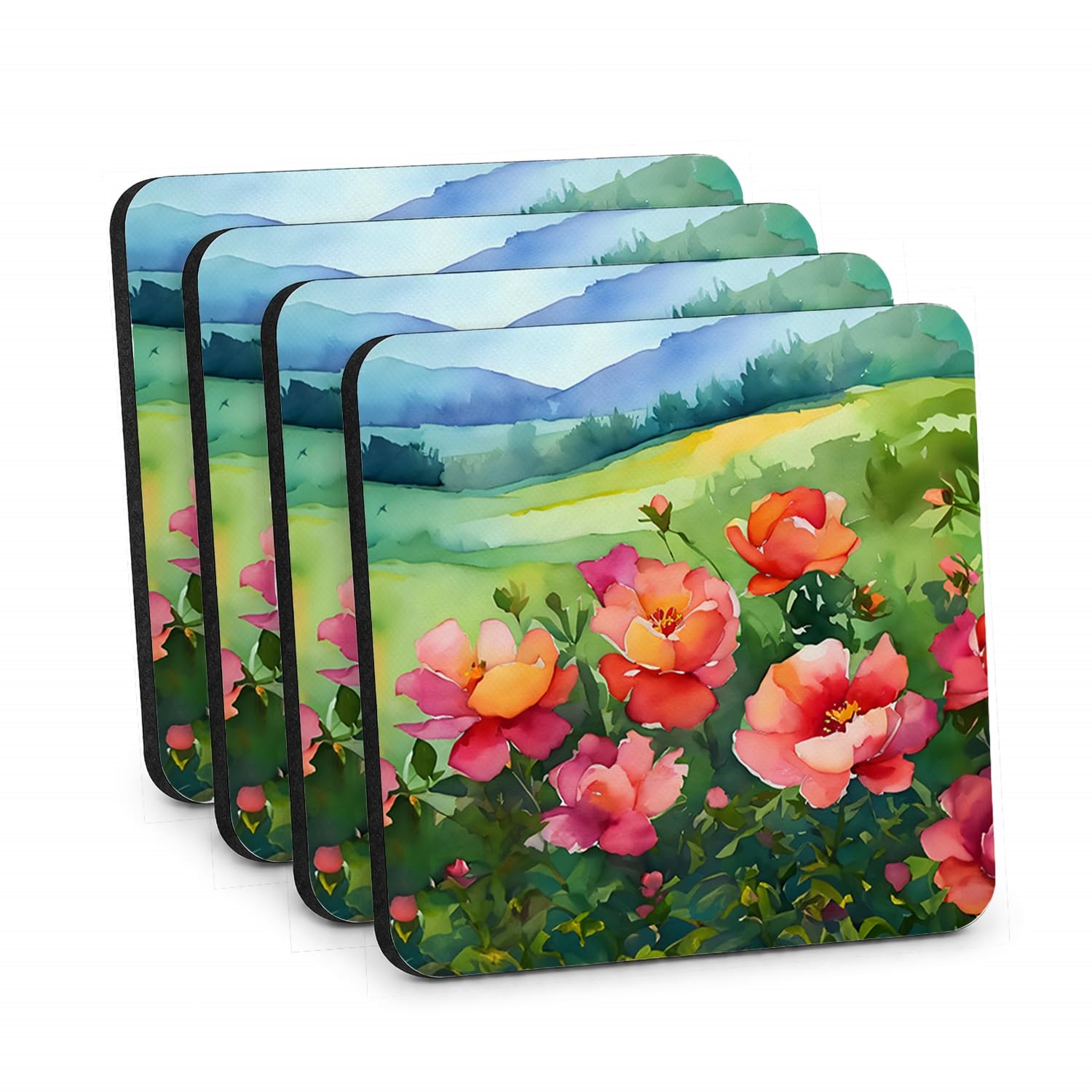 Carolines Treasures Iowa Wild Prairie Roses in Watercolor Foam Coasters Set of 4 Cup Coasters for Indoor Outdoor, Tabletop Protection, Anti Slip, Mouse pad Material