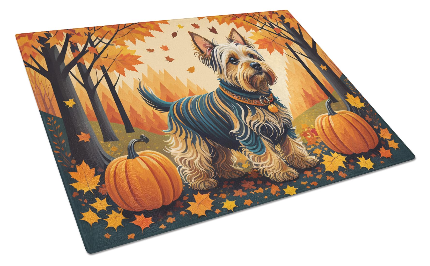 Carolines Treasures DAC1075LCB Silky Terrier Fall Glass Cutting Board Large Decorative Tempered Glass Kitchen Cutting and Serving Board Large Size Chopping Board