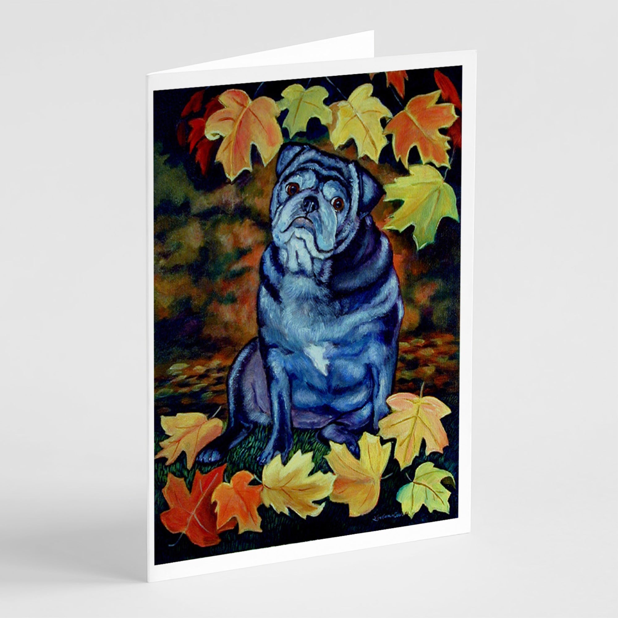 Old Black Pug In Fall Leaves  Greeting Cards And Envelopes Pack Of 8