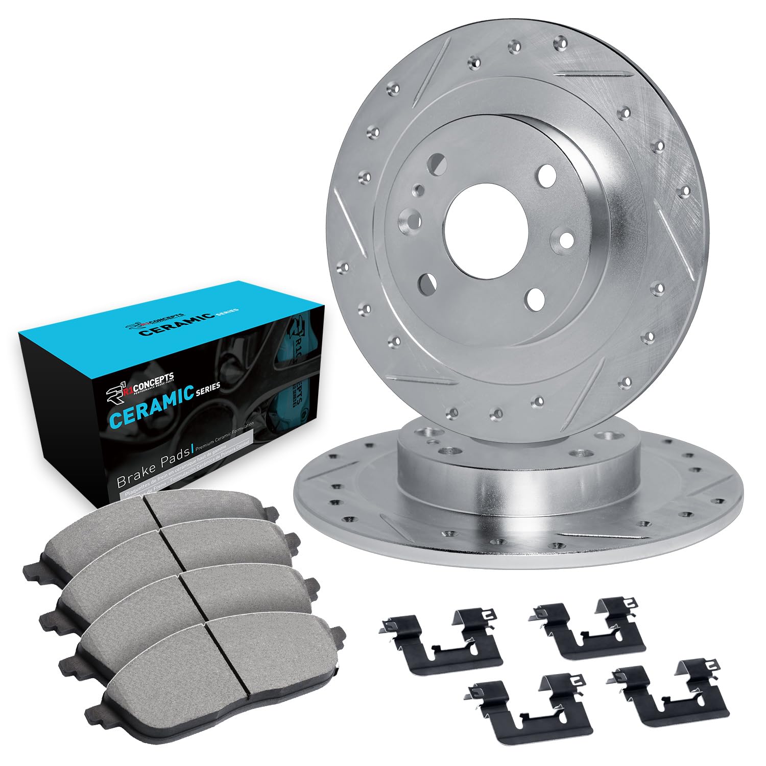 R1 Concepts Drilled and Slotted Silver Disc Brake Rotor Set with Ceramic Pads and Hardware WGWH1-72083