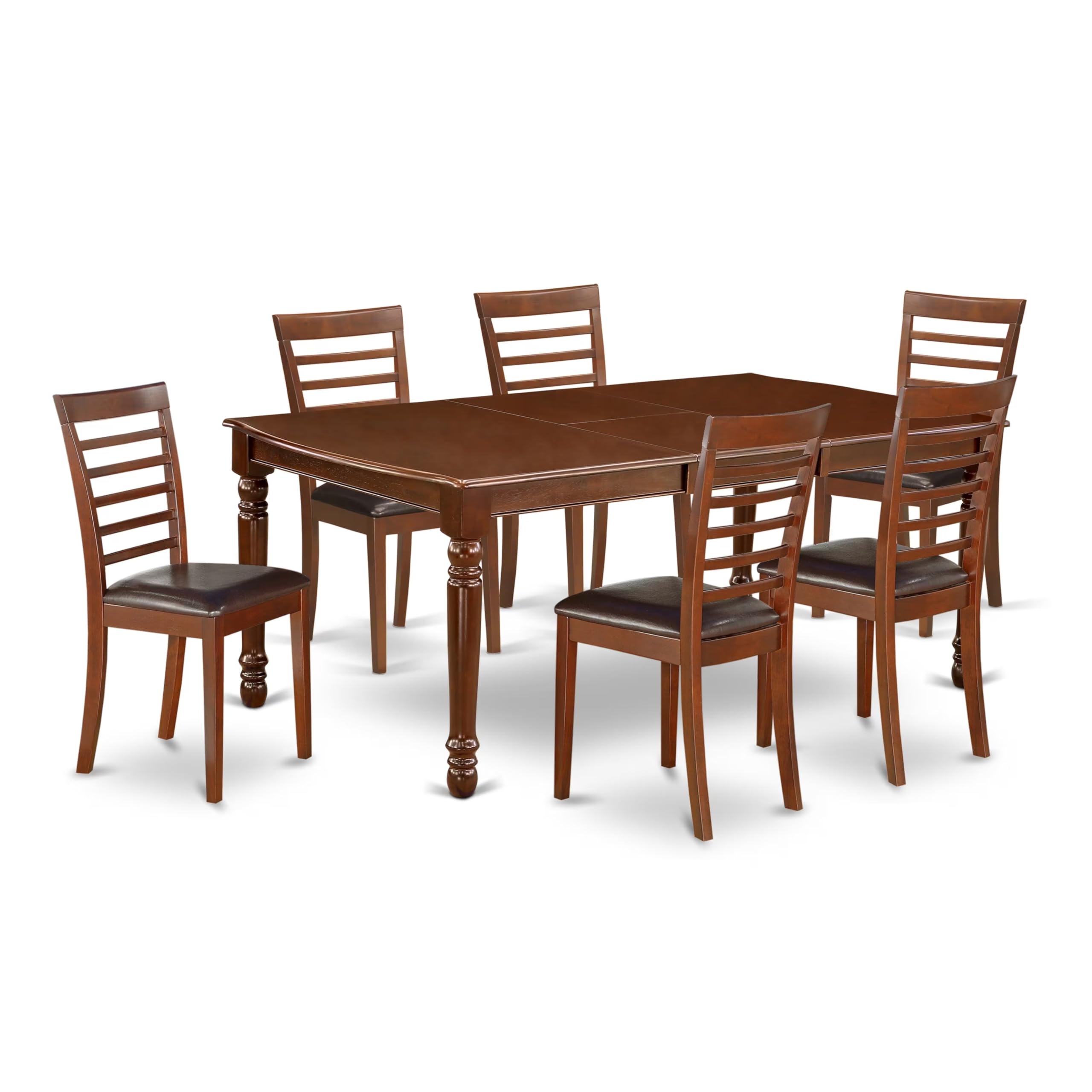 DOML7-MAH-LC 7Pc Rectangular 60/78 Inch Dining Room Table With 18 In Leaf And 6 Kitchen Faux Leather Seat Chairs