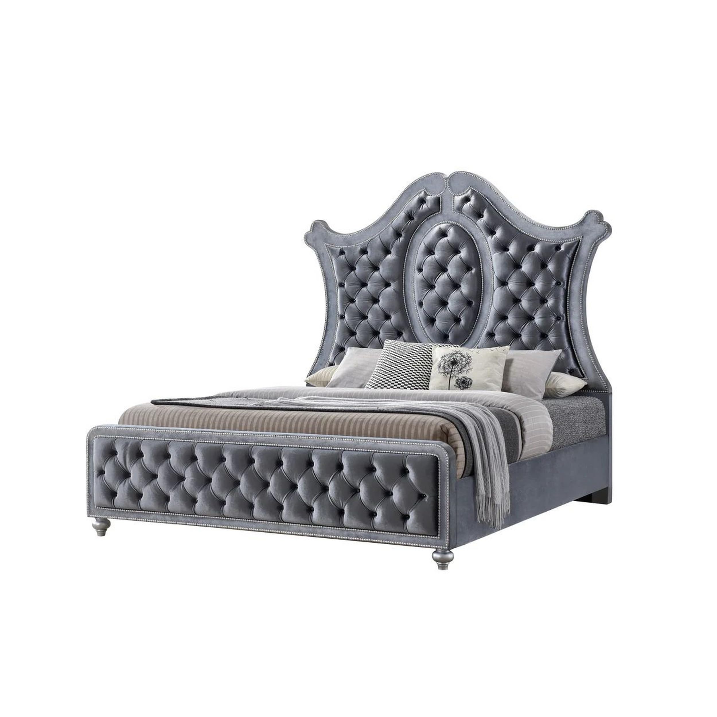 Rall Queen Size Bed, Curved Wood Headboard, Tufted Gray Fabric Upholstery