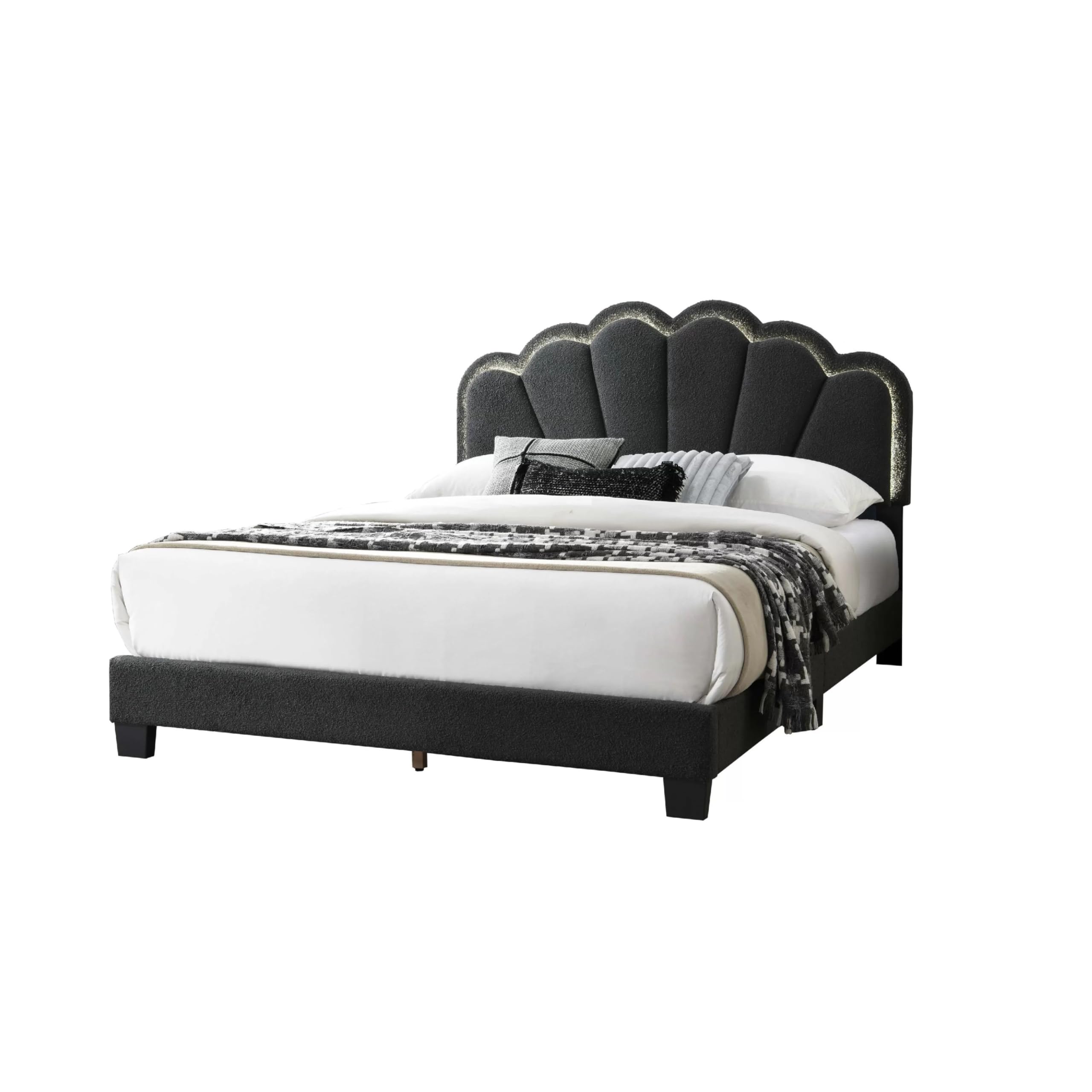 Madsy Full Bed, Gray Upholstered Fan-Shaped Headboard, Metallic Accents