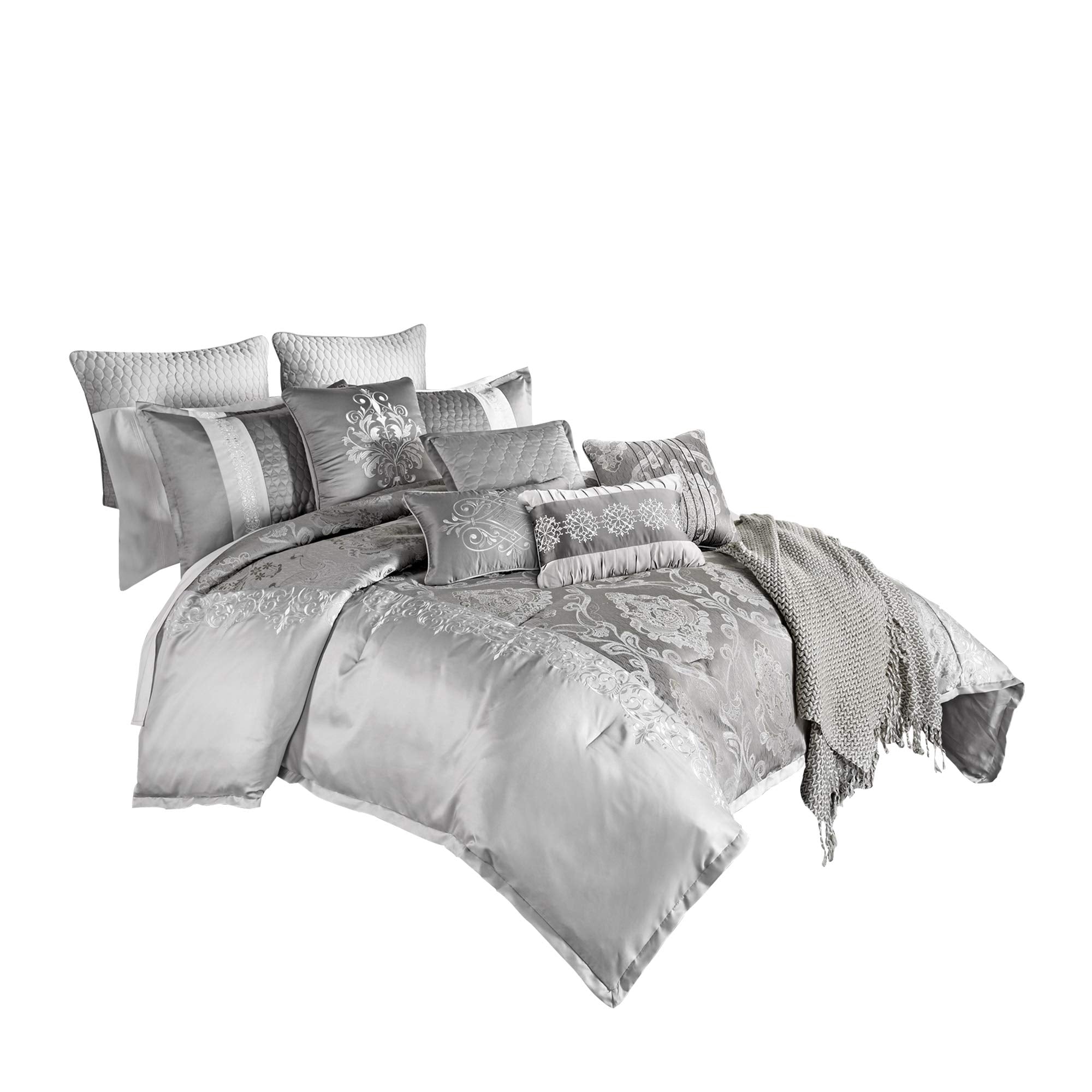 12 Piece King Polyester Comforter Set with Medallion Print, Platinum Gray