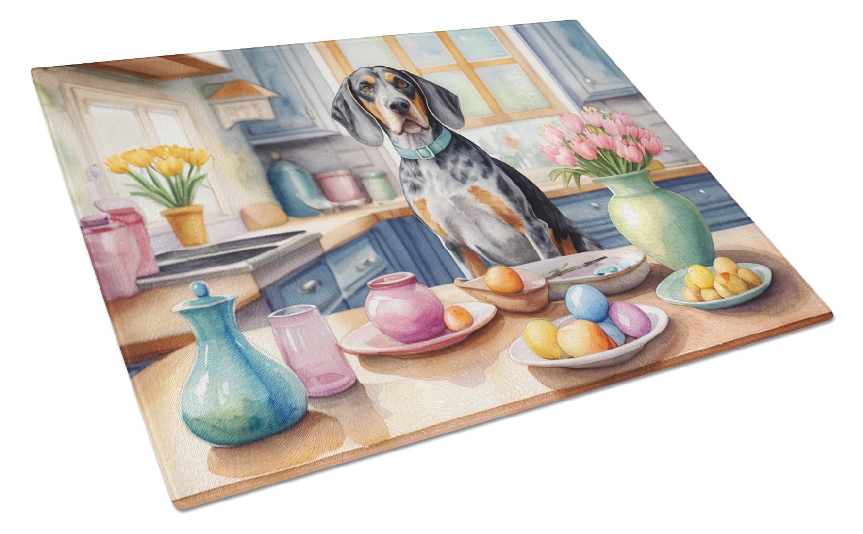Carolines Treasures DAC6766LCB Decorating Easter Bluetick Coonhound Glass Cutting Board Decorative Tempered Glass Kitchen Cutting and Serving Board Large Size Chopping Board