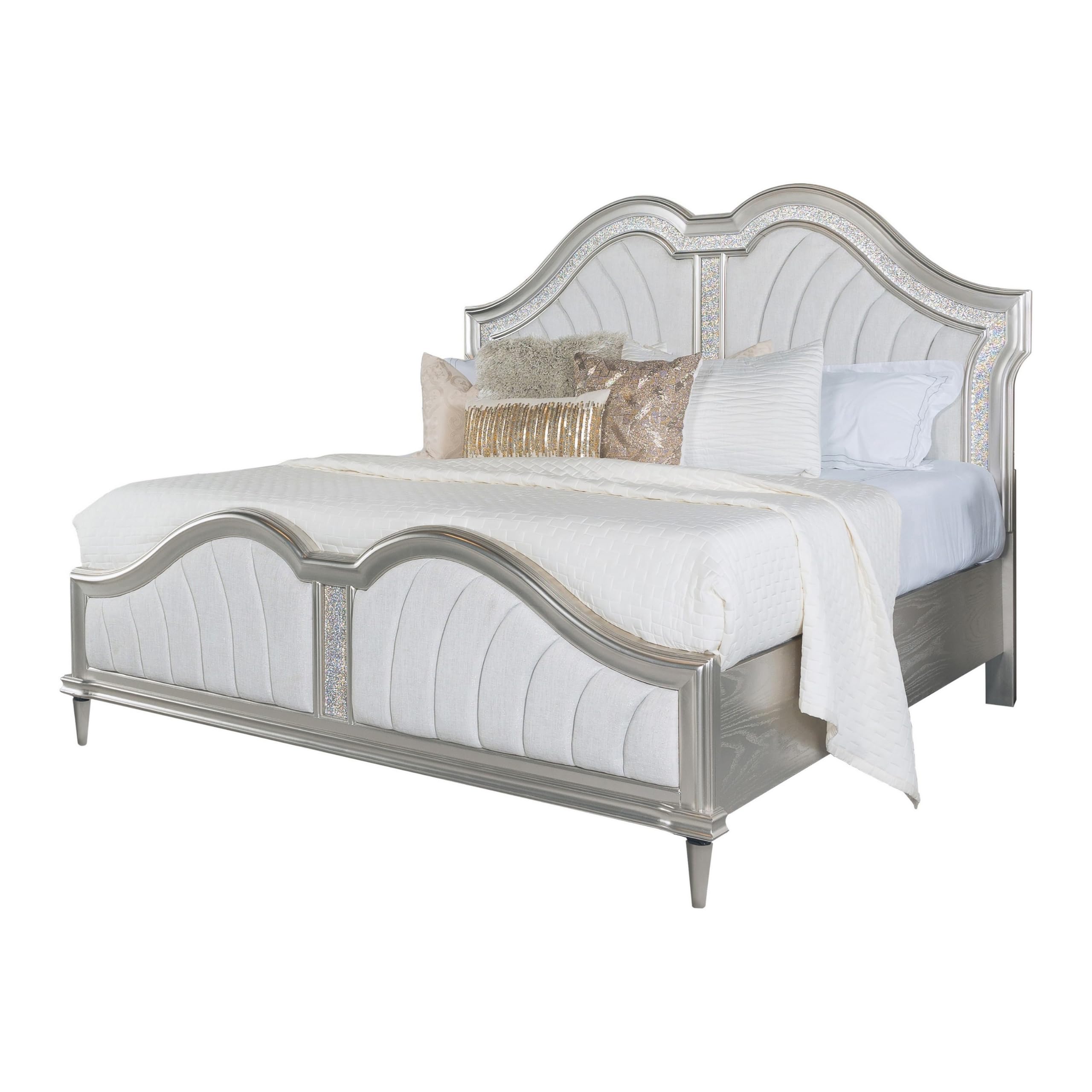 Nive King Bed, Oak Wood, Double Arched Upholstered Headboard, Ivory Silver