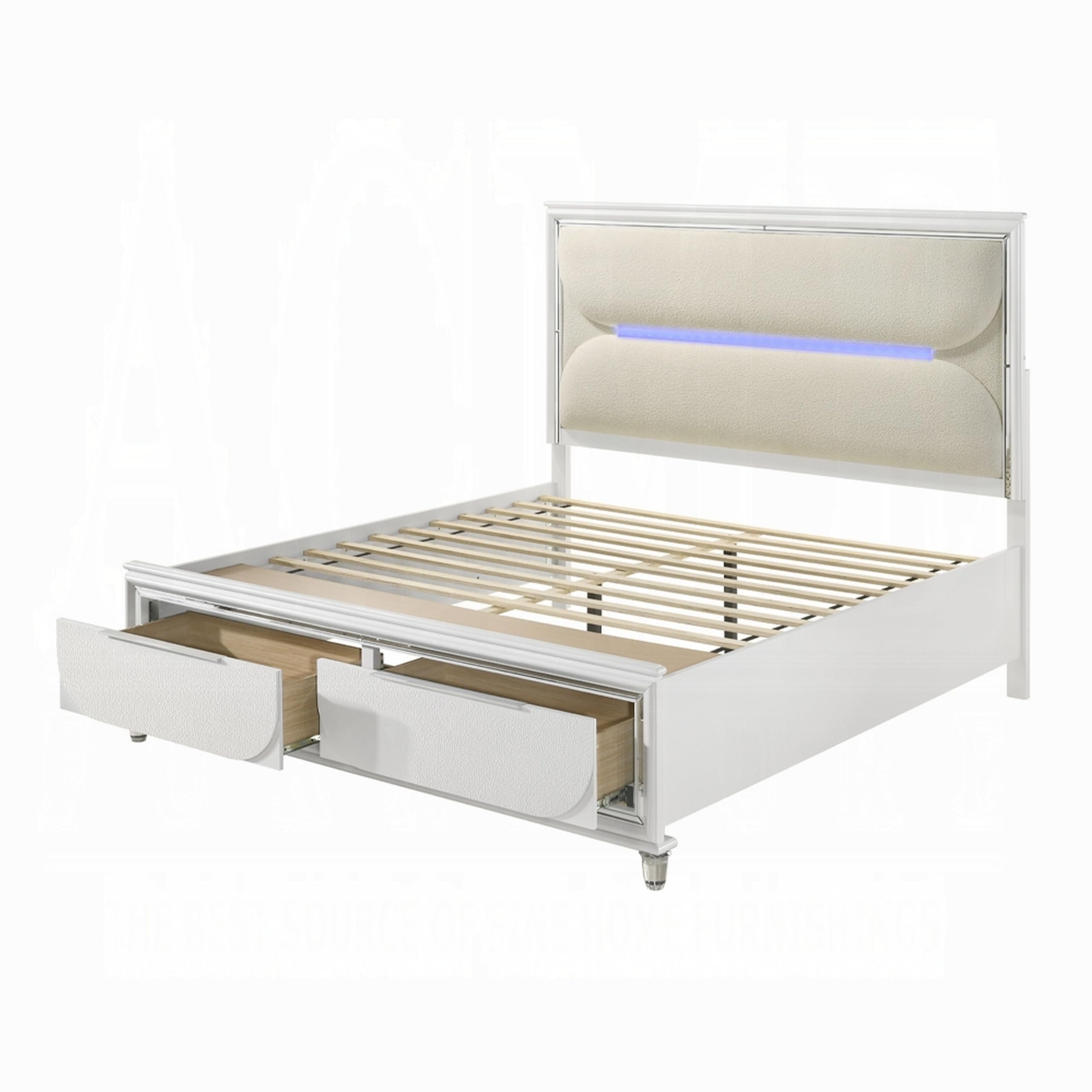 Rara Queen Size Bed, 2 Storage Drawers, LED, White Boucle Upholstery