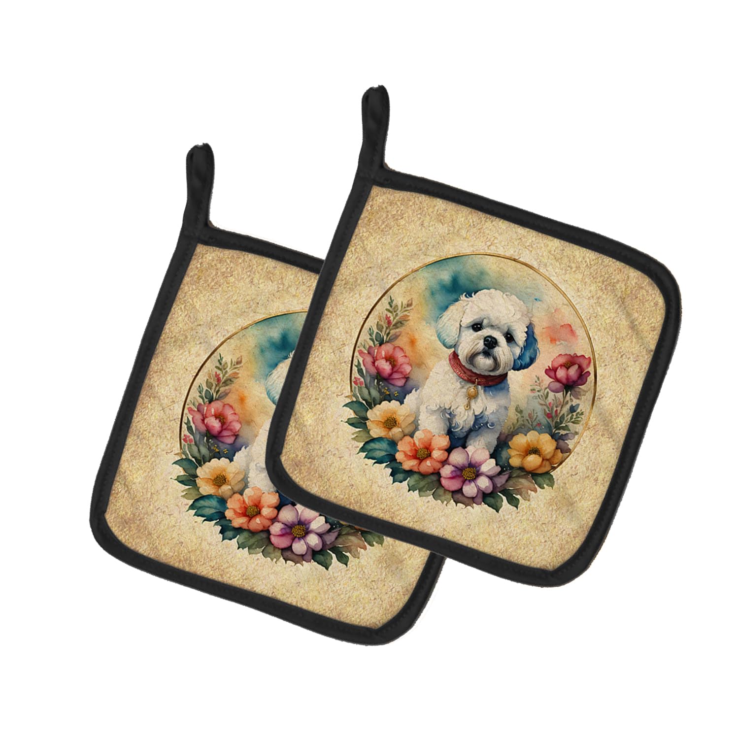 Bichon Frise and Flowers Pair of Pot Holders