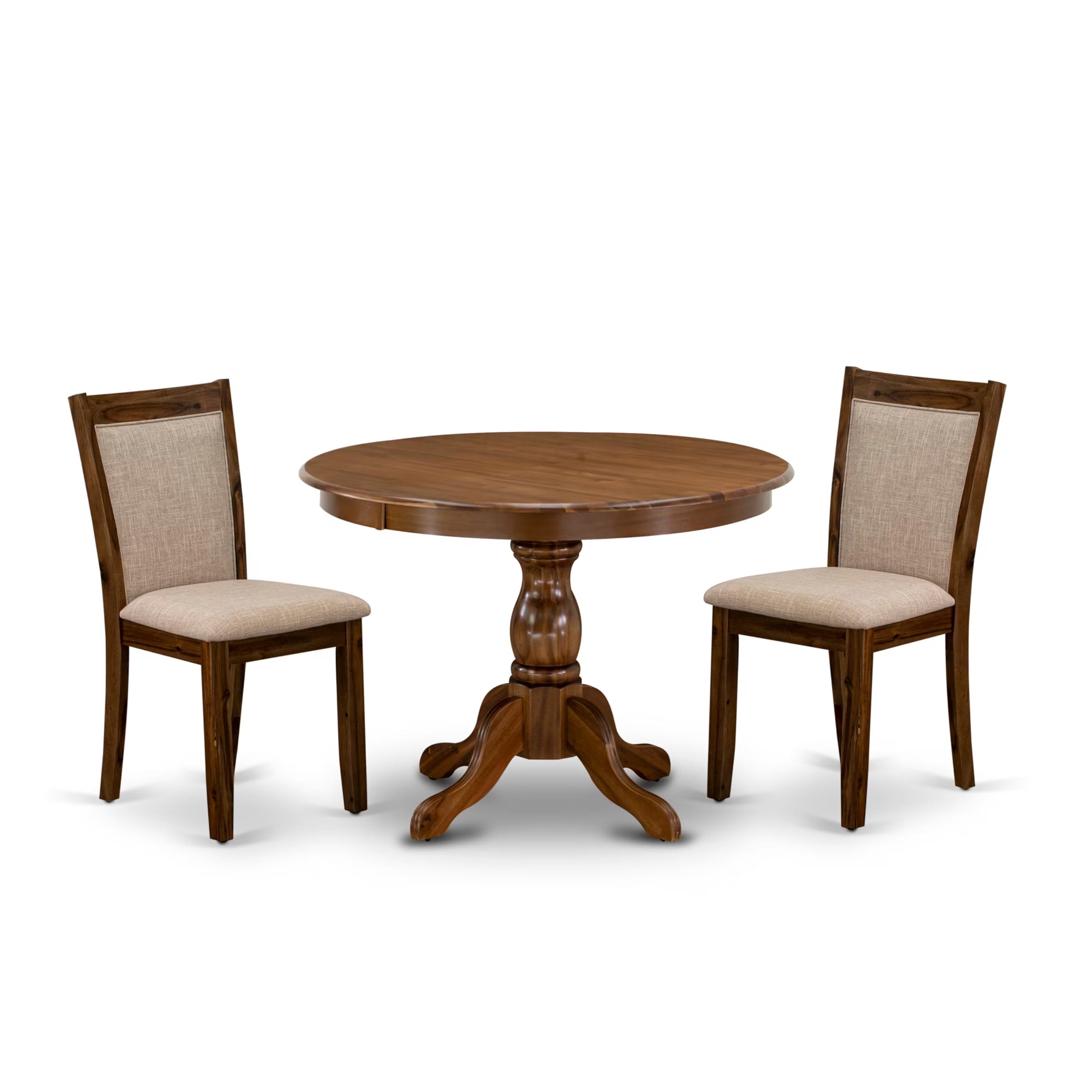HBMZ3-AWN-04 3-Pc Dining Room Set Contains a Pedestal Table and 2 Light Tan Kitchen Chairs - Sand Blasting Antique Walnut Finish