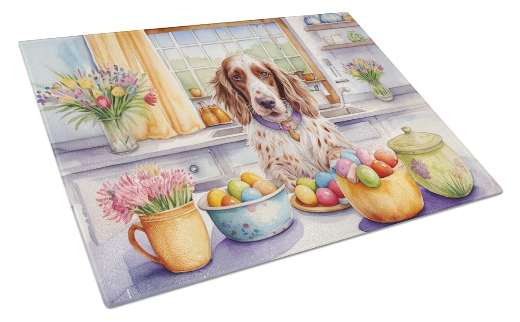 Carolines Treasures DAC6809LCB Decorating Easter English Setter Glass Cutting Board Decorative Tempered Glass Kitchen Cutting and Serving Board Large Size Chopping Board