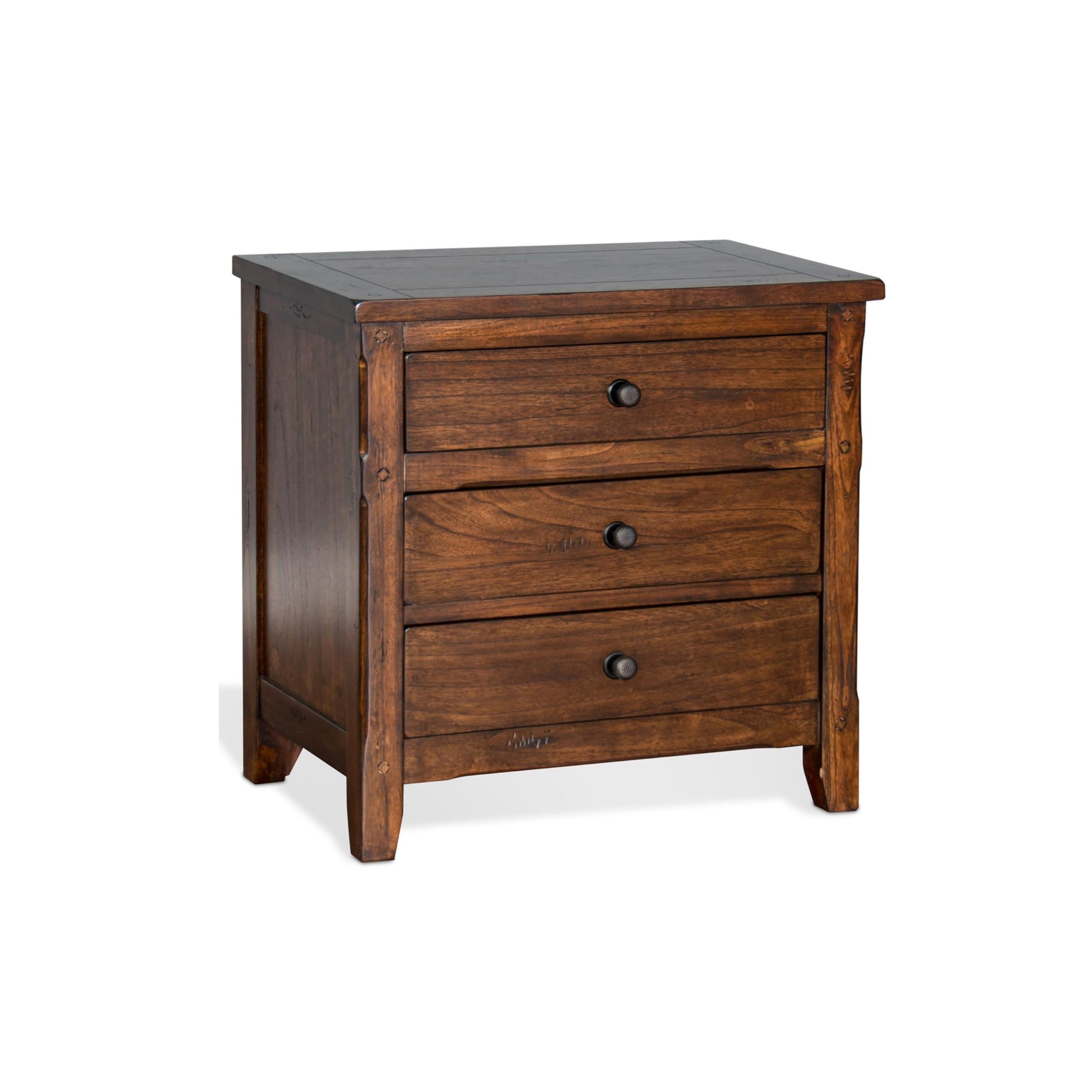 Odell Nightstand, 3 Drawers, Bronze, Rustic Dark Brown Solid Wood