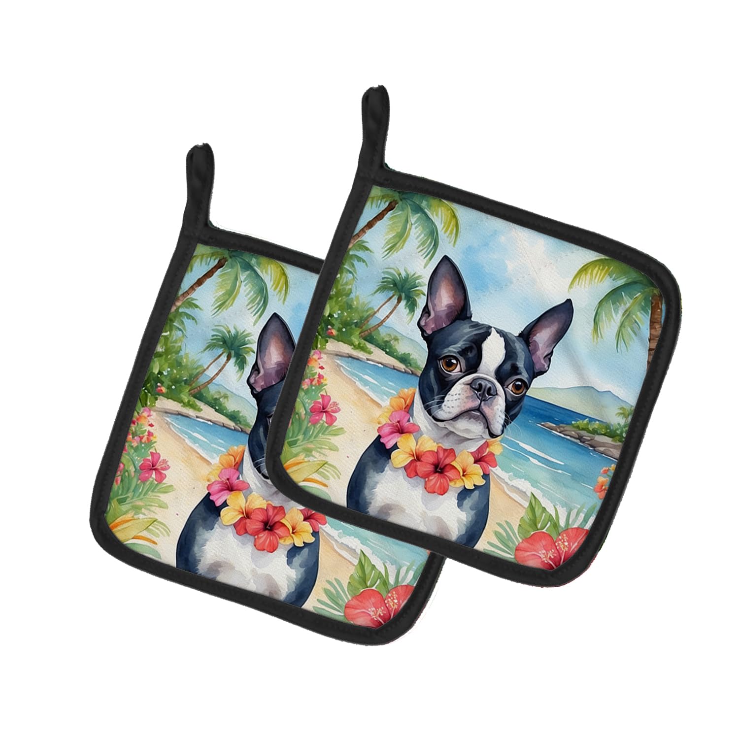 Boston Terrier Luau Pair of Pot Holders