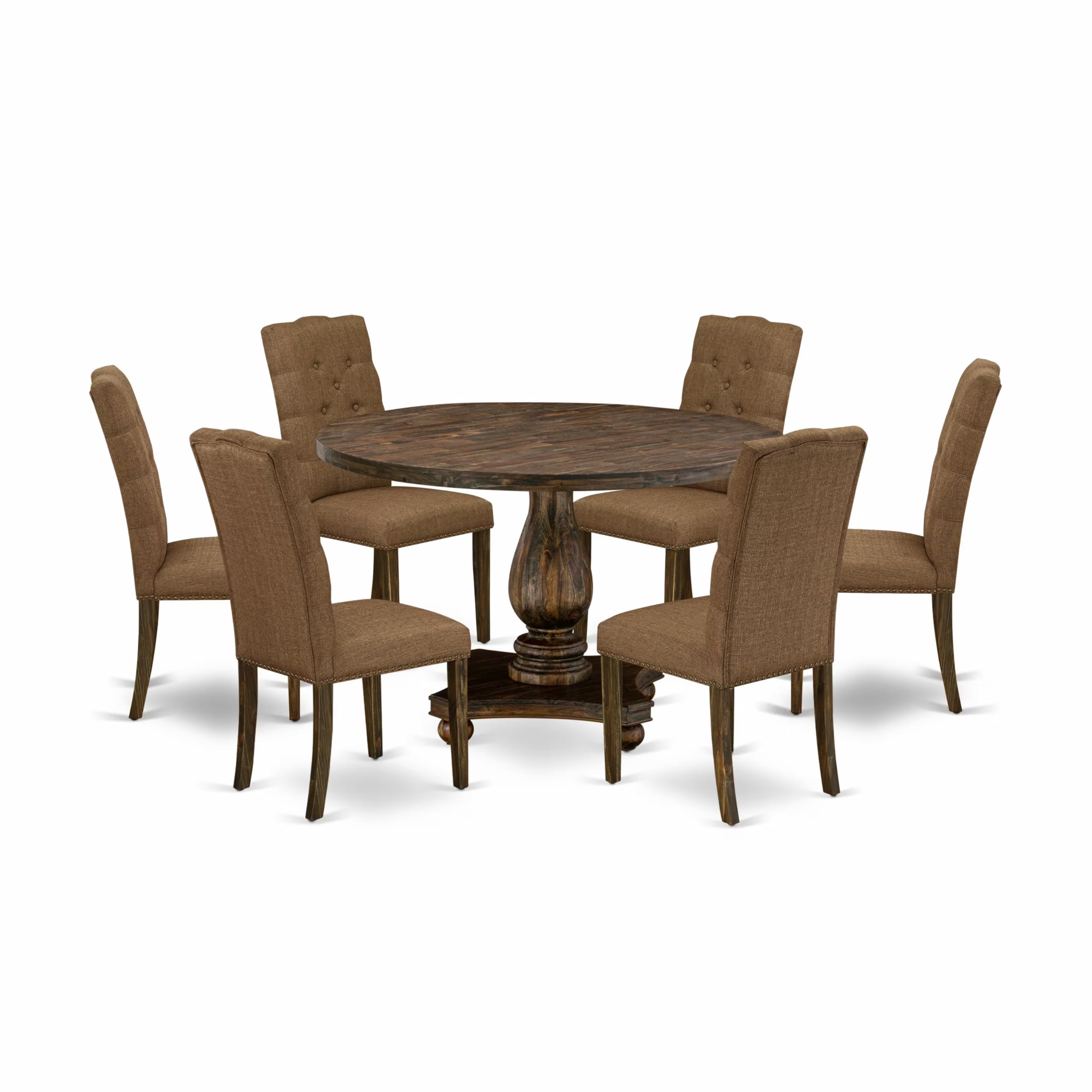 East West Furniture 7 Piece Dining Room Set Contains a Dining Table and 6 Brown Linen Fabric Parson Chairs with Button Tufted Back - Distressed Jacobean Finish