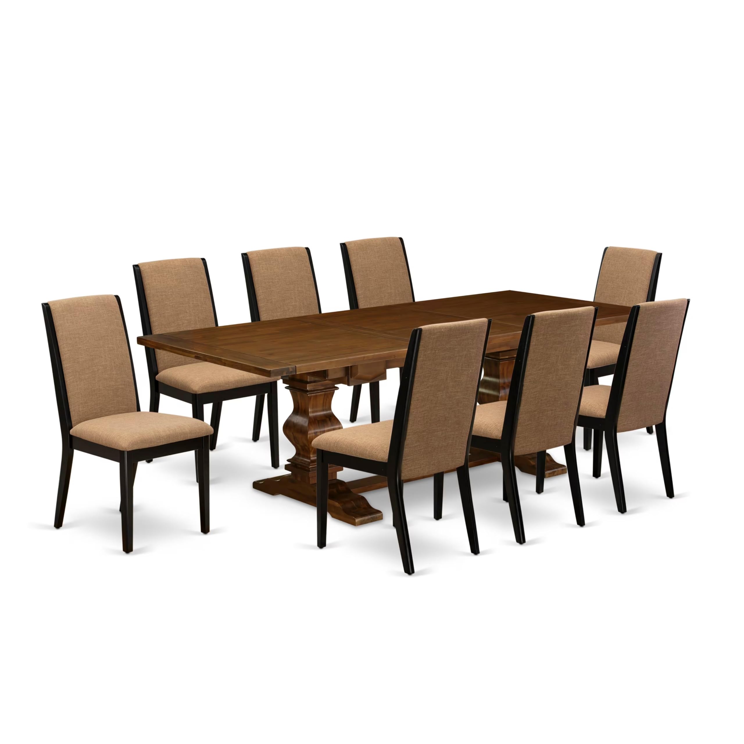 9-piece dinette set with Chairs Legs and Light Sable Linen Fabric