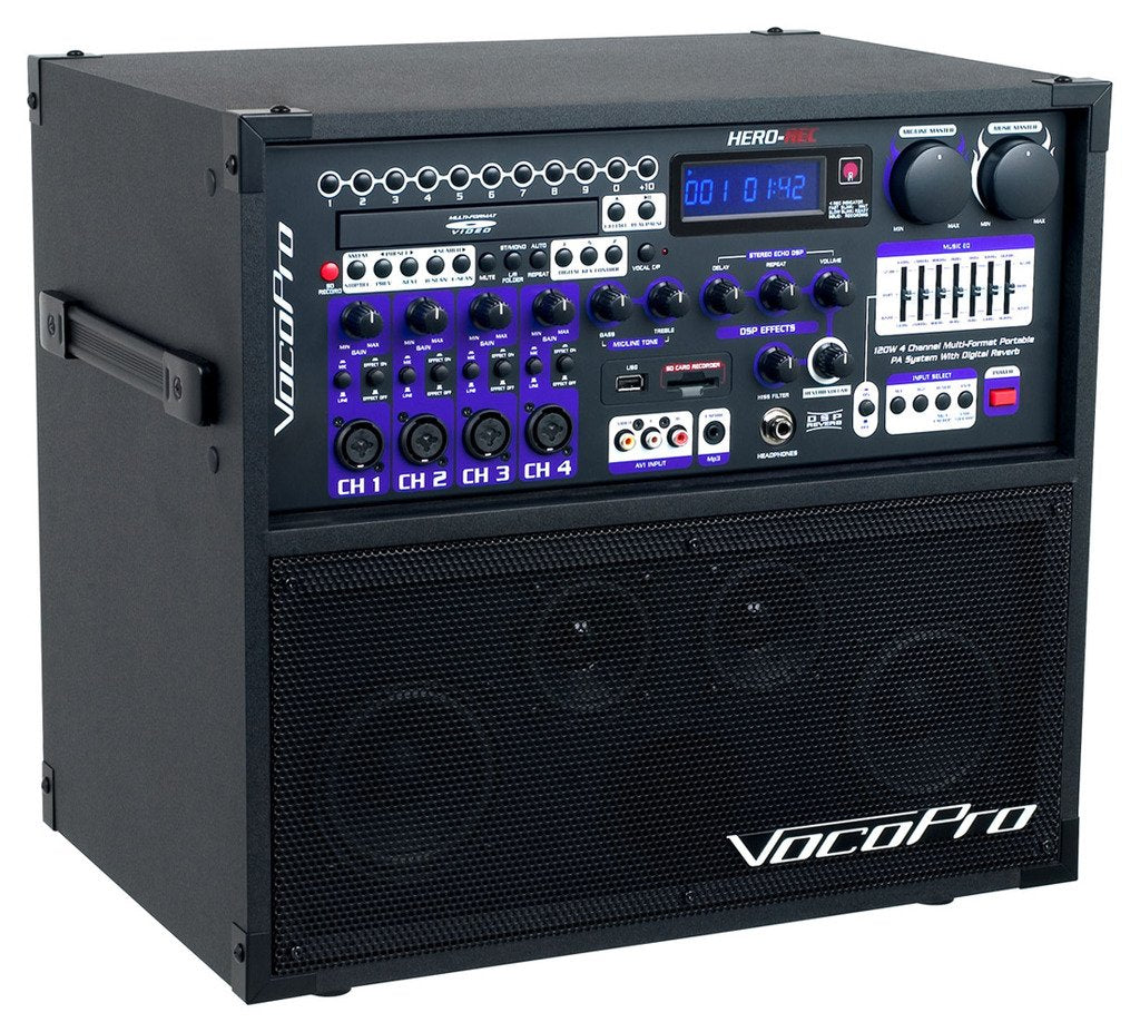 HERO-REC-3 120W 4 Channel Multi-Format Portable P.A. System with  Digital Recorder/VHF Wireless Mics