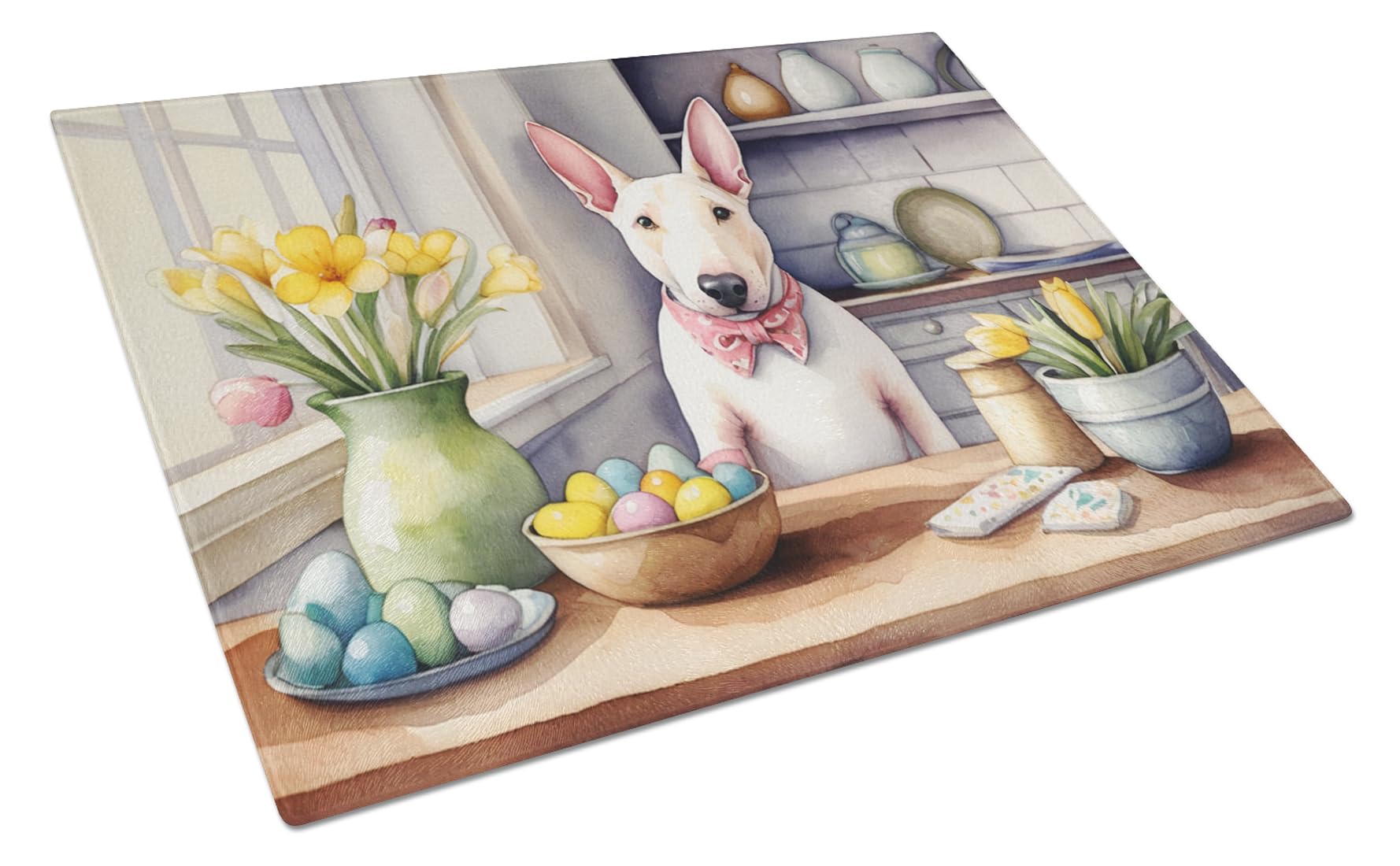 Carolines Treasures DAC6804LCB Decorating Easter English Bull Terrier Glass Cutting Board Decorative Tempered Glass Kitchen Cutting and Serving Board Large Size Chopping Board