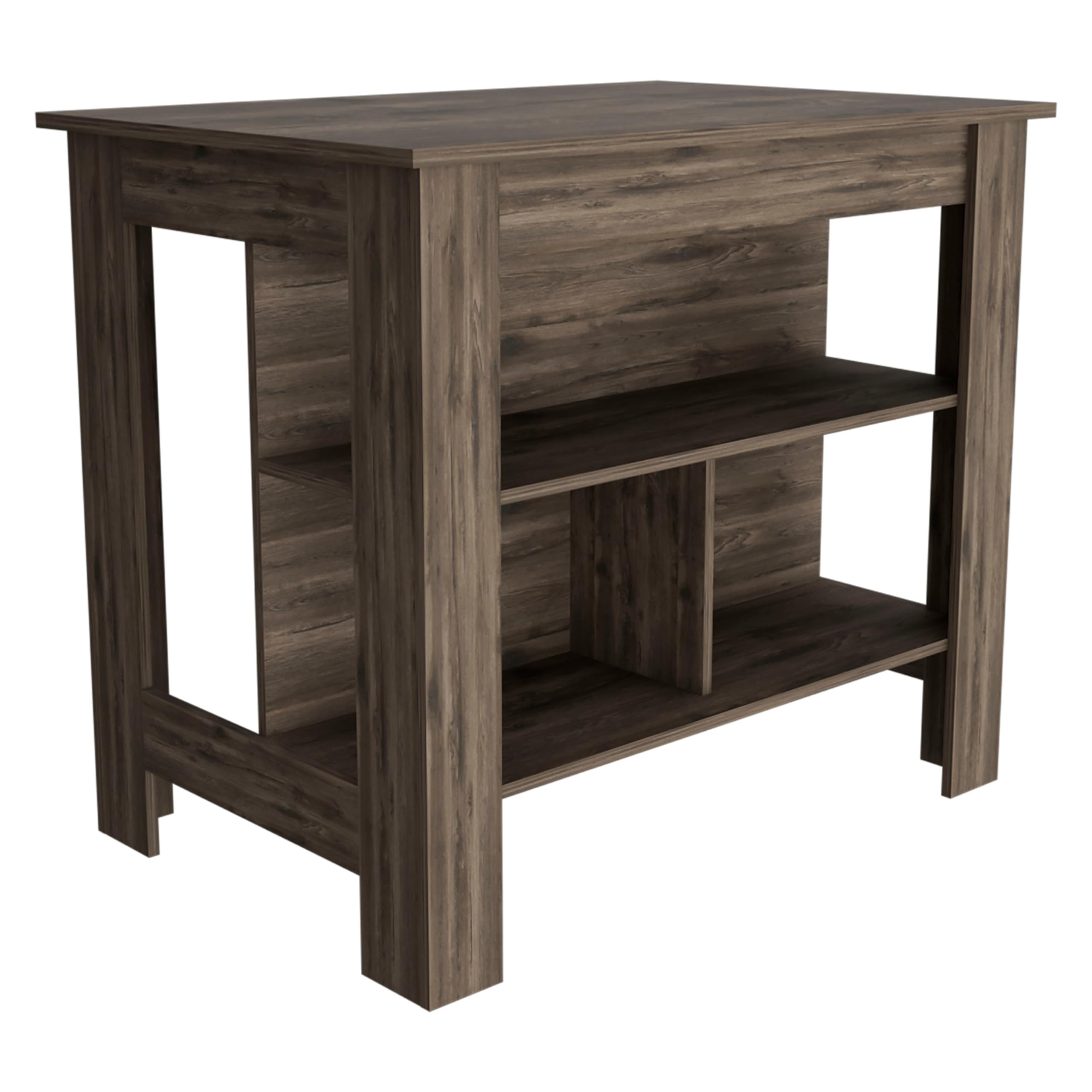 TUHOME Cala Kitchen Island, Countertop Table, Four Legs, Three Shelves, Brown, For Kitchen Room