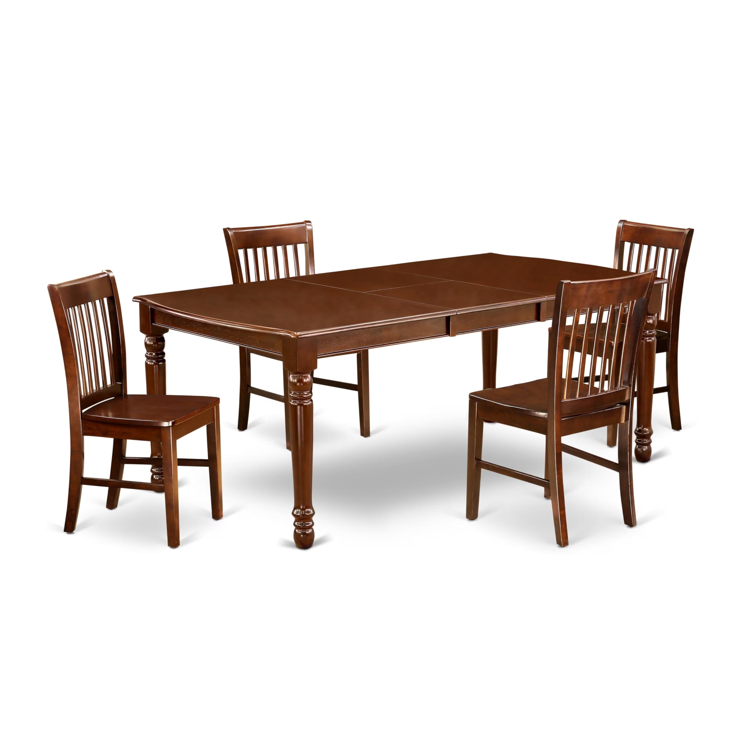 DONO5-MAH-W 5Pc Rectangular 60/78 Inch Dining Table With 18 In Self Storing Butterfly Leaf And Four Wood Seat Kitchen Chairs