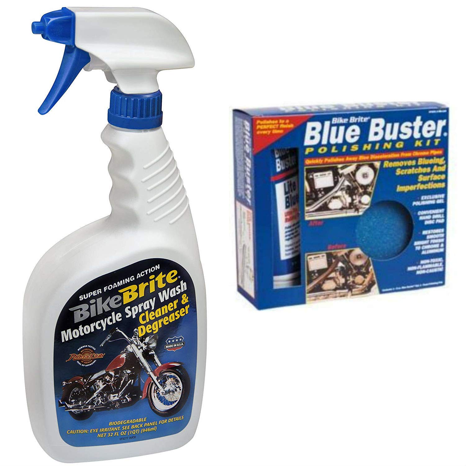 Bike Brite Blue/White Motorcycle Spray Wash Gift Pack - 32 fl. Oz and  Blue Buster Polishing Kit