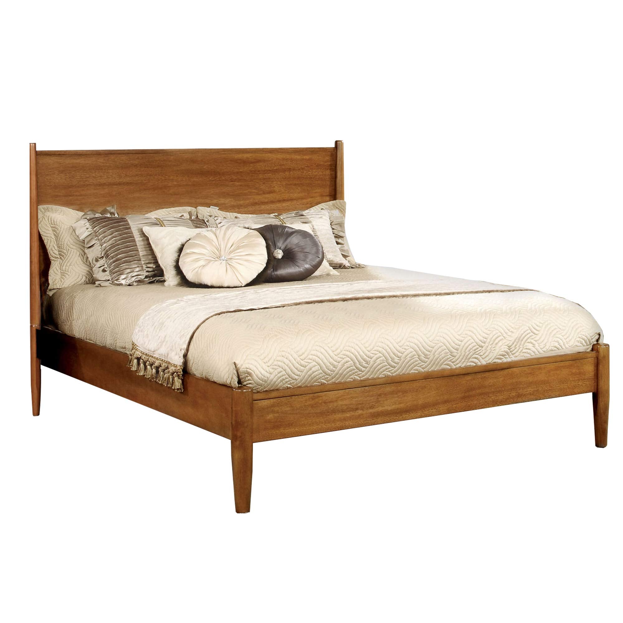 Mid Century Modern Wood Queen Bed, Round Tapered Legs, Oak Brown
