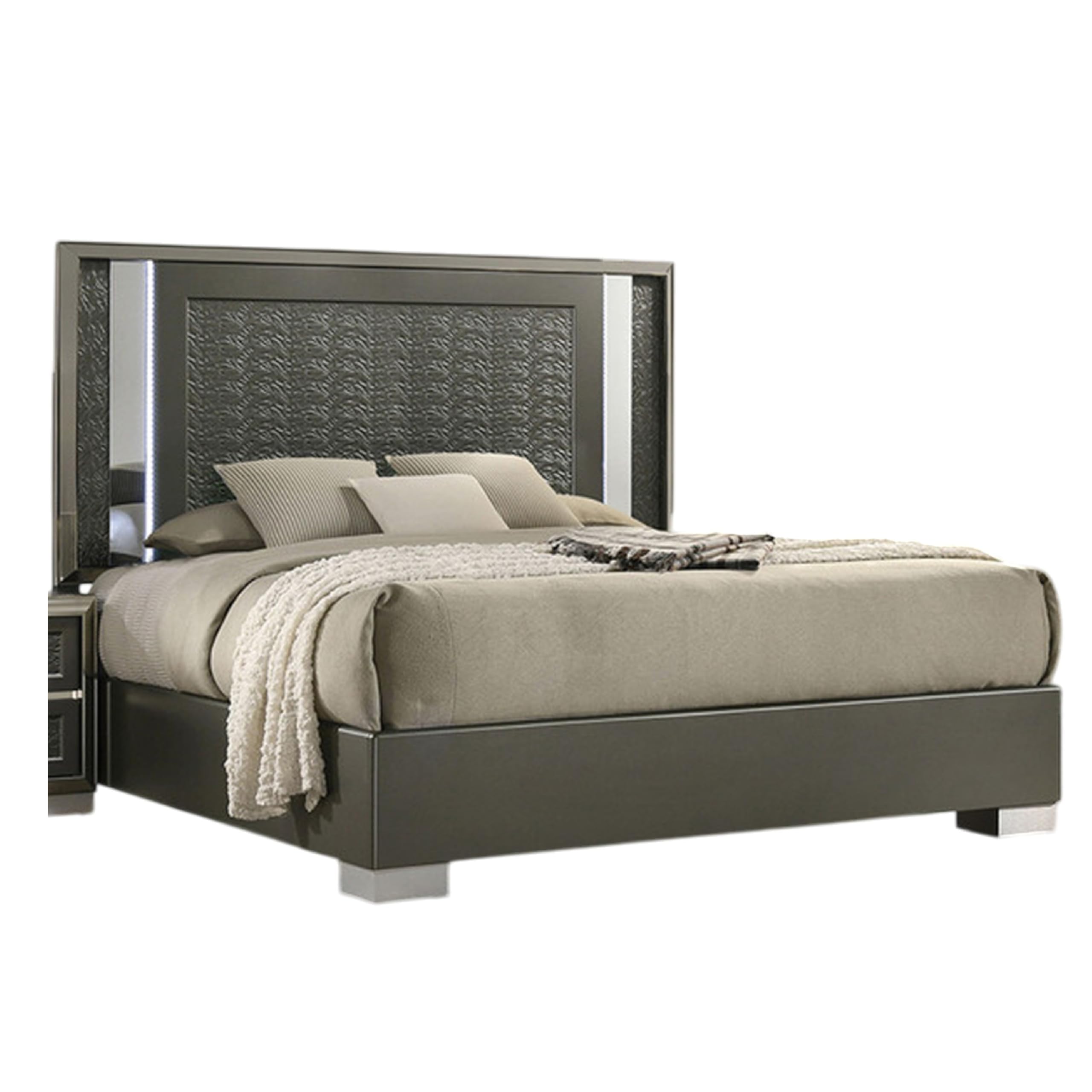 Levi King Bed, Dark Gray, Solid Teak and Rubberwood, Modern LED Lighting