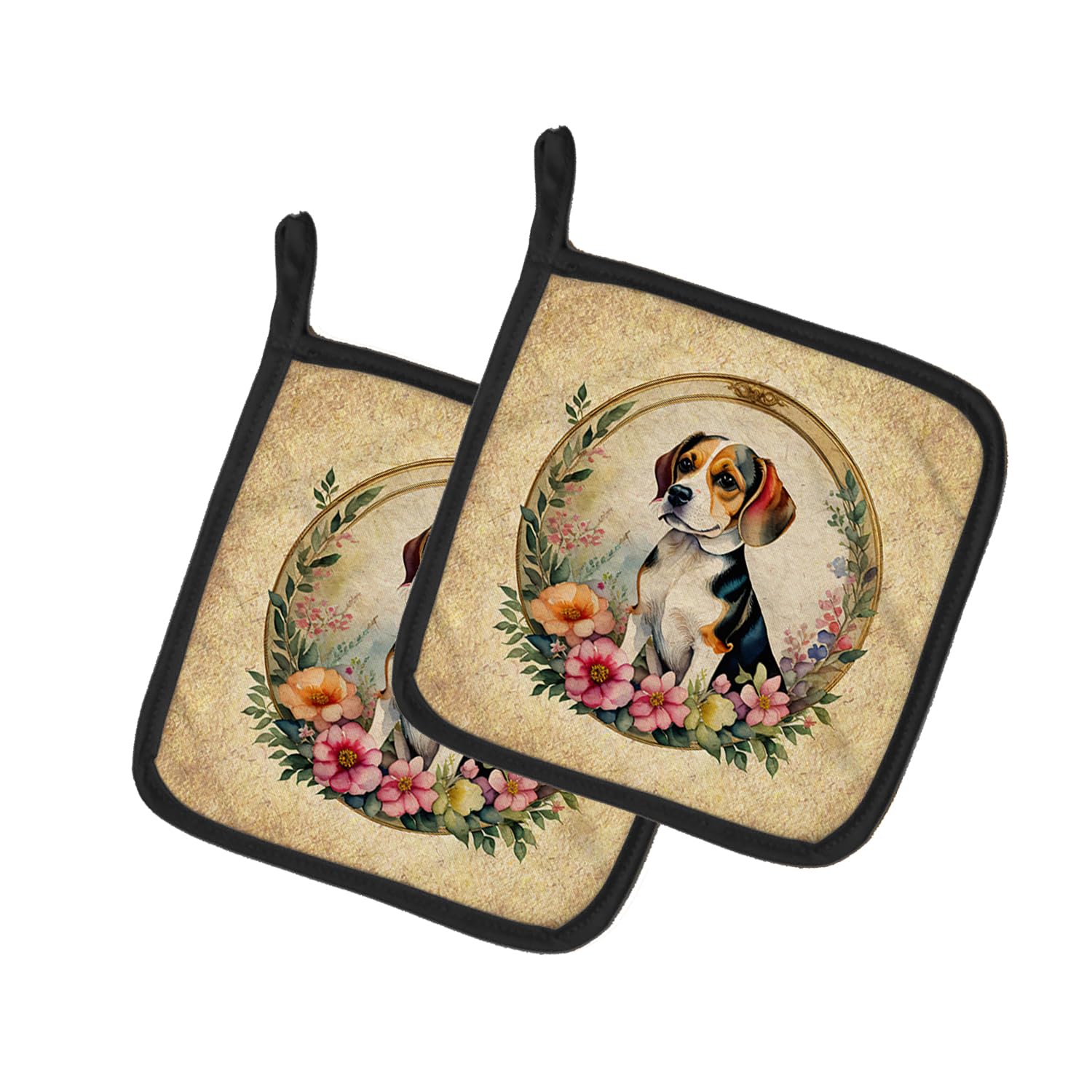 Beagle and Flowers Pair of Pot Holders