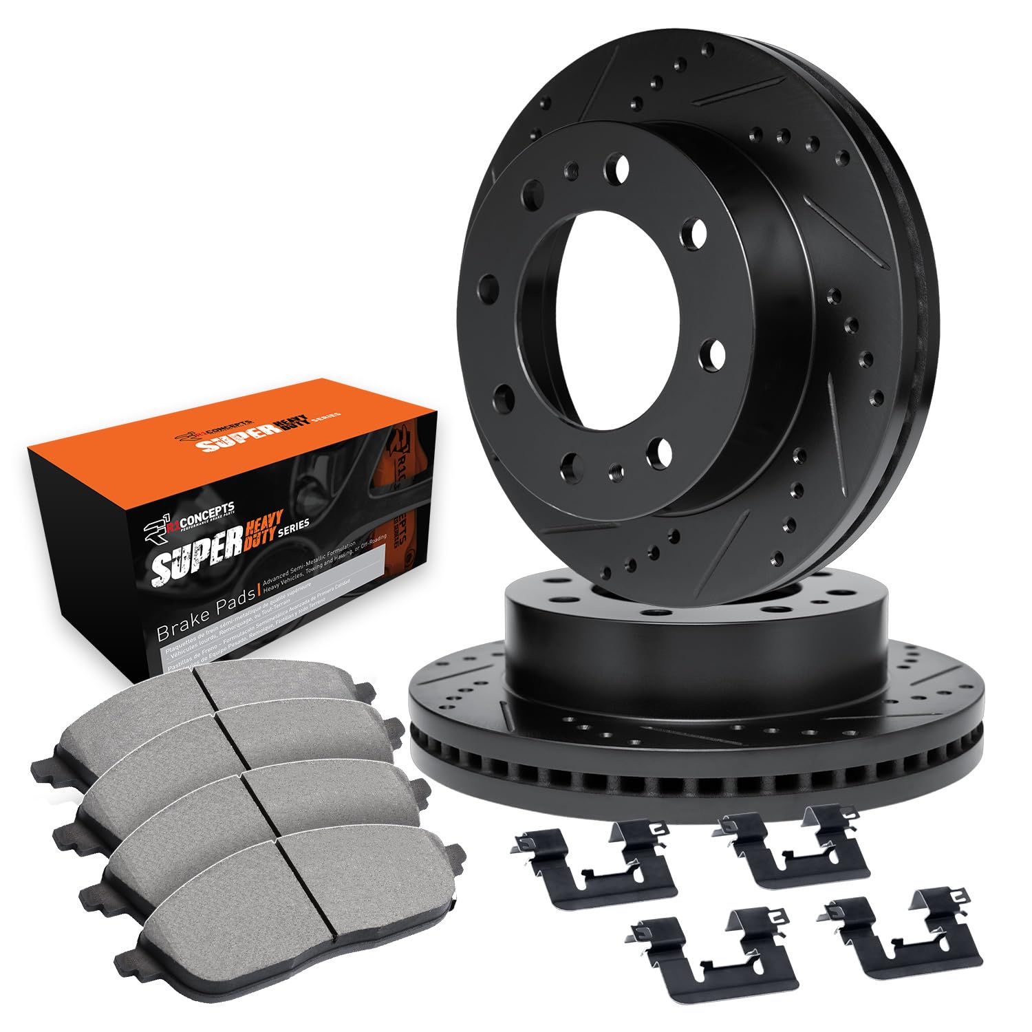R1 Concepts Drilled and Slotted Black Disc Brake Rotor Set with Super Duty Pads and Hardware WHXH1-99208