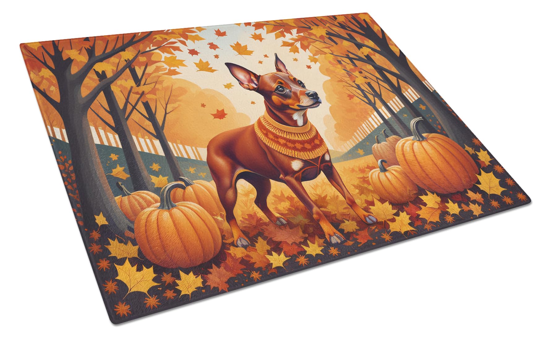 Carolines Treasures DAC1058LCB Red Miniature Pinscher Fall Glass Cutting Board Large Decorative Tempered Glass Kitchen Cutting and Serving Board Large Size Chopping Board