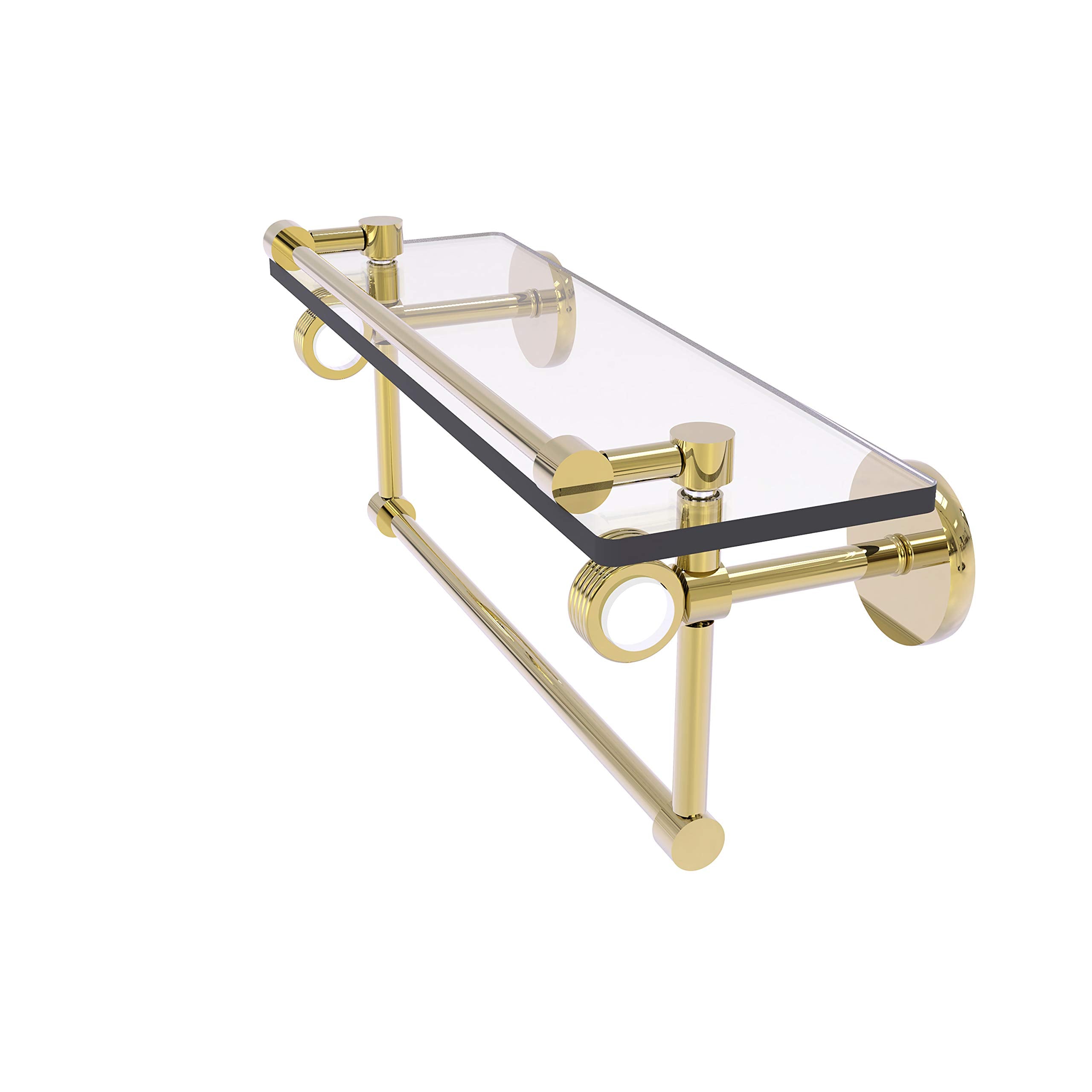Clearview Collection 16 Inch Glass Gallery Shelf with Towel Bar and Groovy Accents - Unlacquered Brass