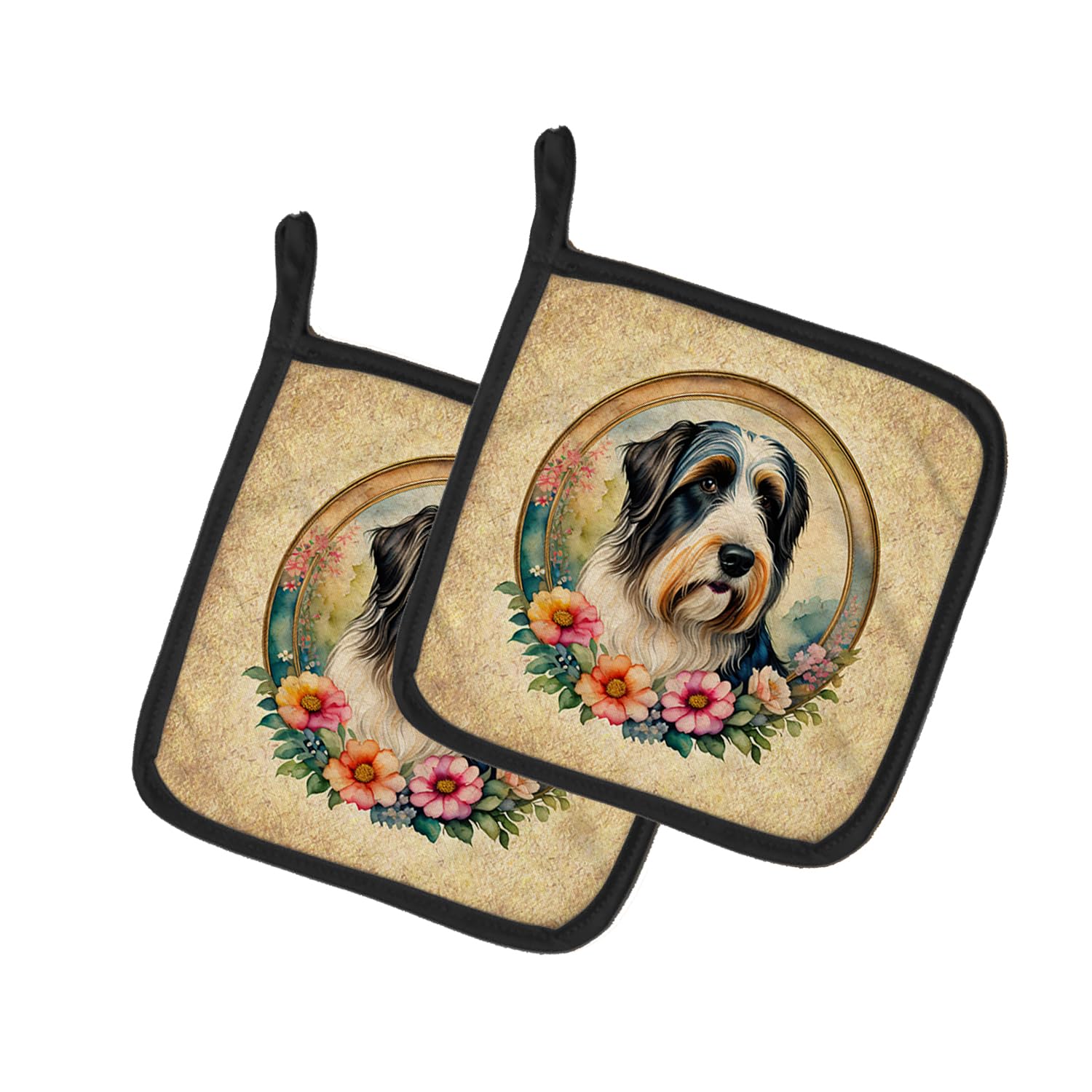 Bearded Collie and Flowers Pair of Pot Holders