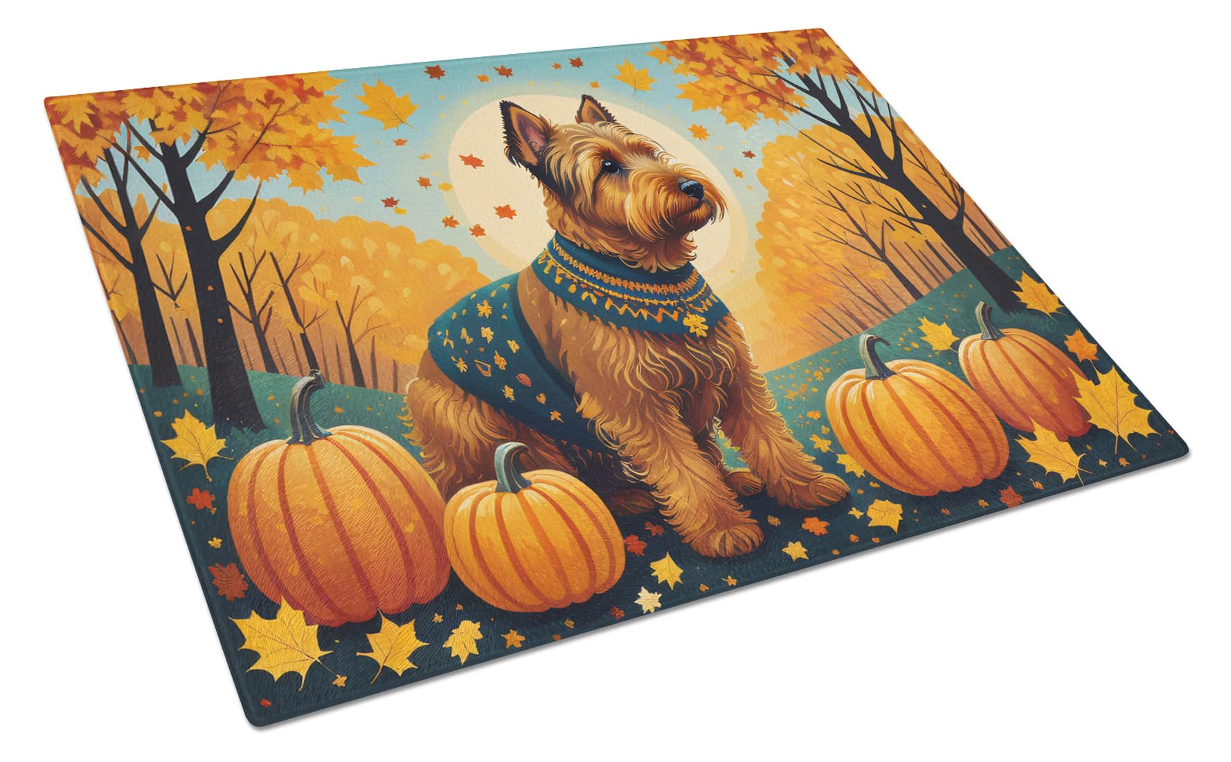 Carolines Treasures DAC1079LCB Welsh Terrier Fall Glass Cutting Board Large Decorative Tempered Glass Kitchen Cutting and Serving Board Large Size Chopping Board