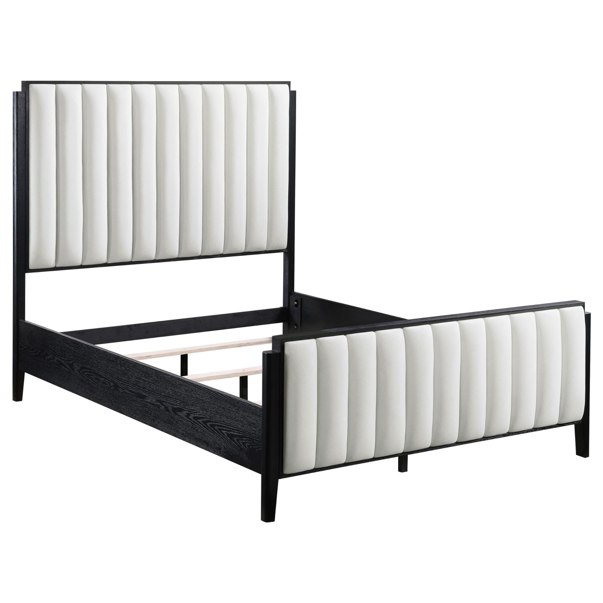 Jack King Size Bed, Channel Tufted Ivory Upholstery, Black Wood